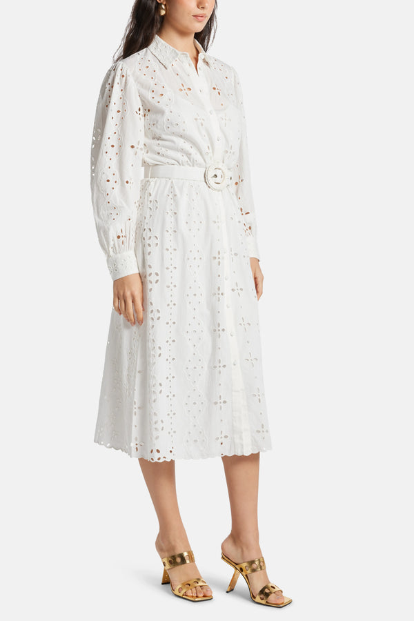 Adya Long Sleeves Belted Cotton Shirt Maxi Dress in White