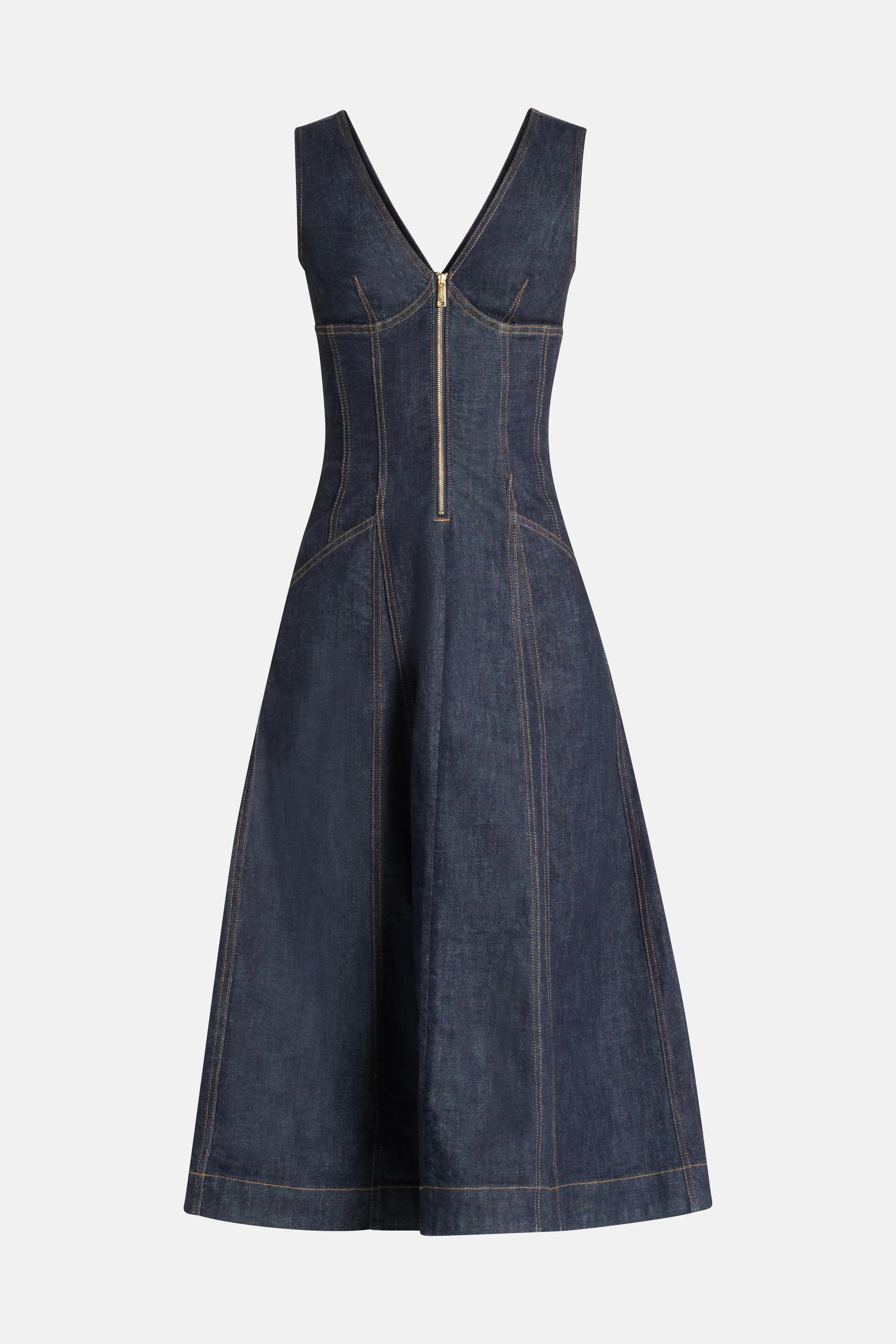 Sleeveless V Neck Cotton Denim Midi Dress in Blue