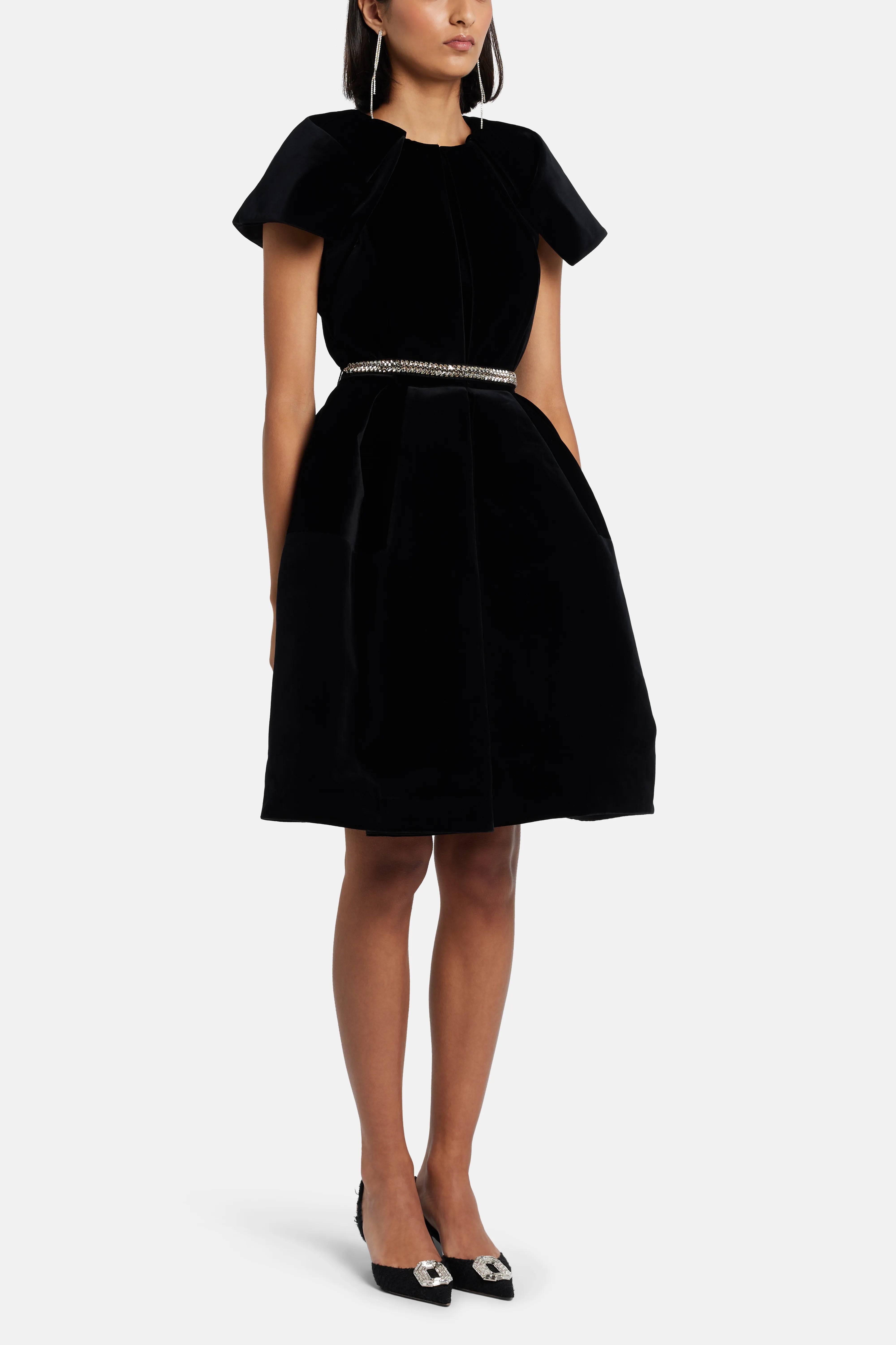 Velvet Mini Dress in Black with Crystal Belt