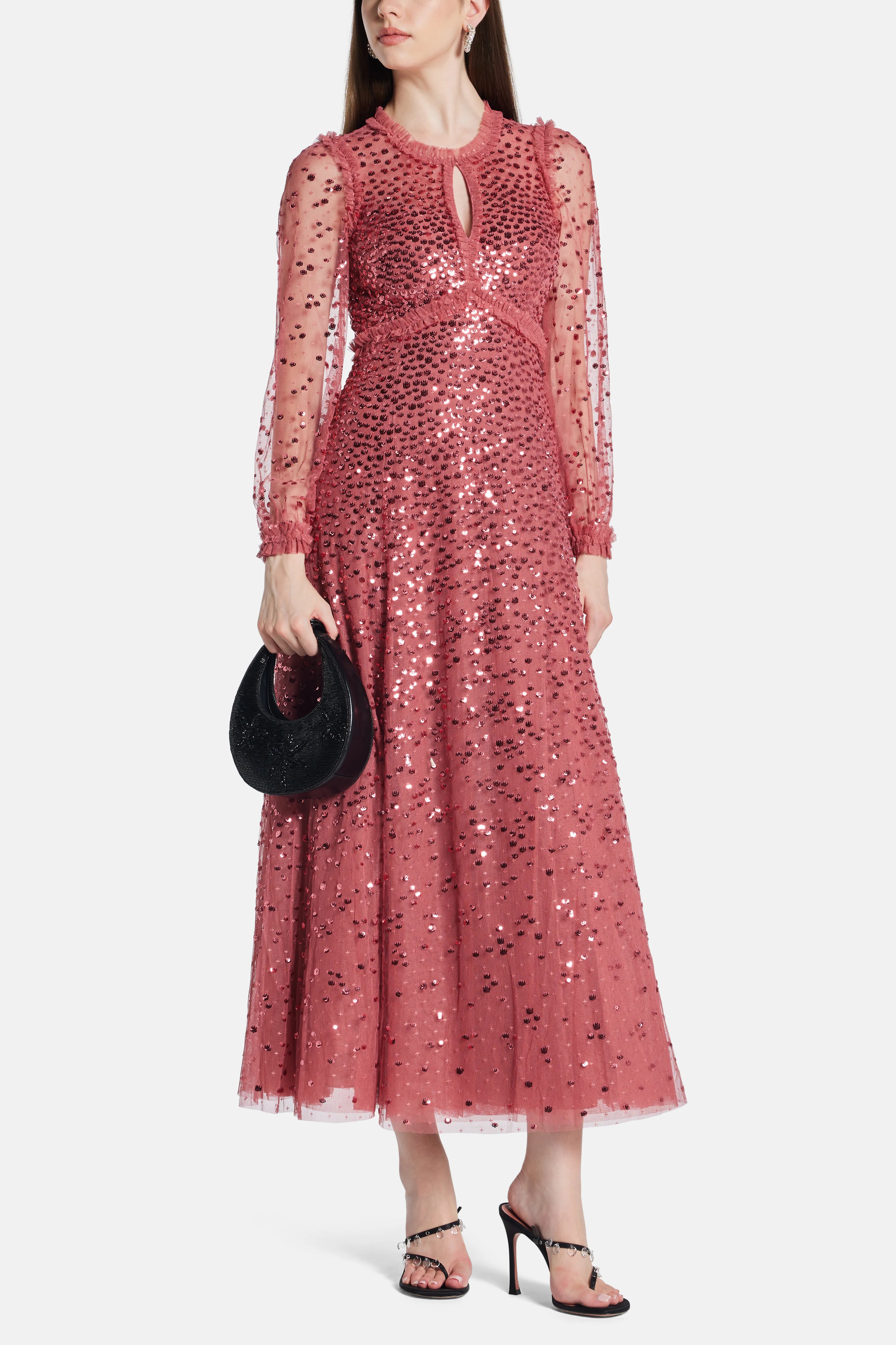 Dappled Sequin Round Neck Long Sleeves Evening Dress in Maroon