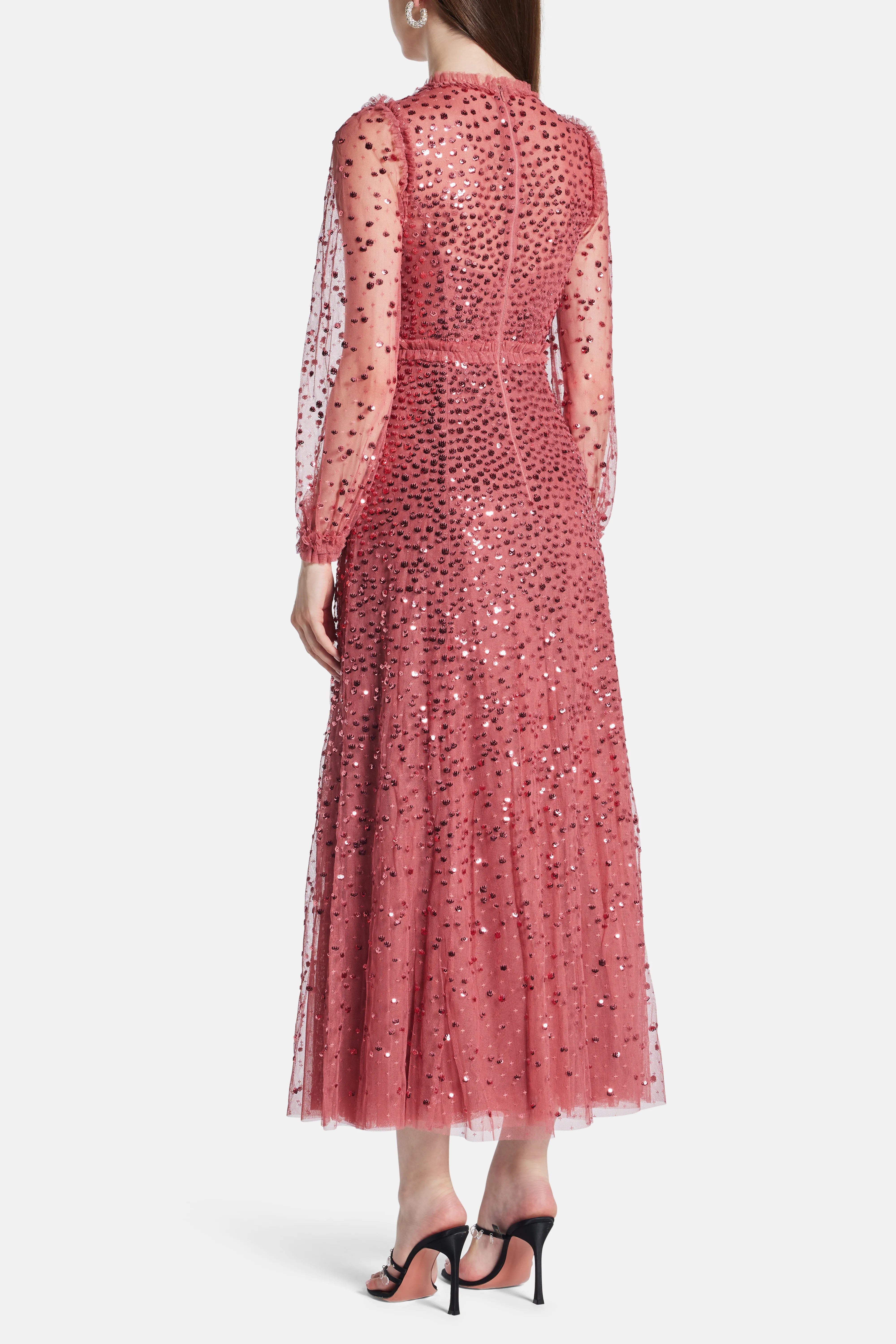 Dappled Sequin Round Neck Long Sleeves Evening Dress in Maroon
