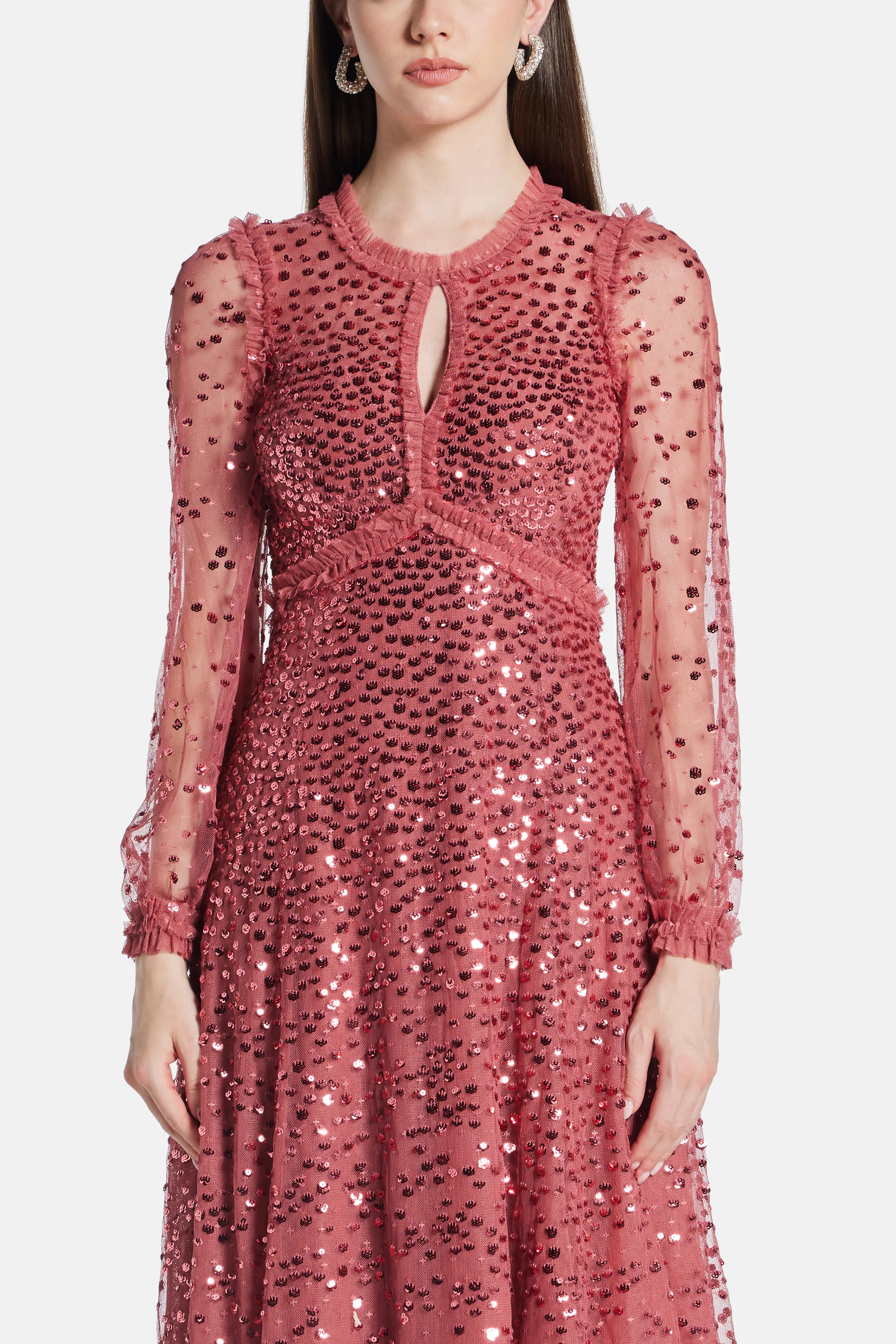 Dappled Sequin Round Neck Long Sleeves Evening Dress in Maroon