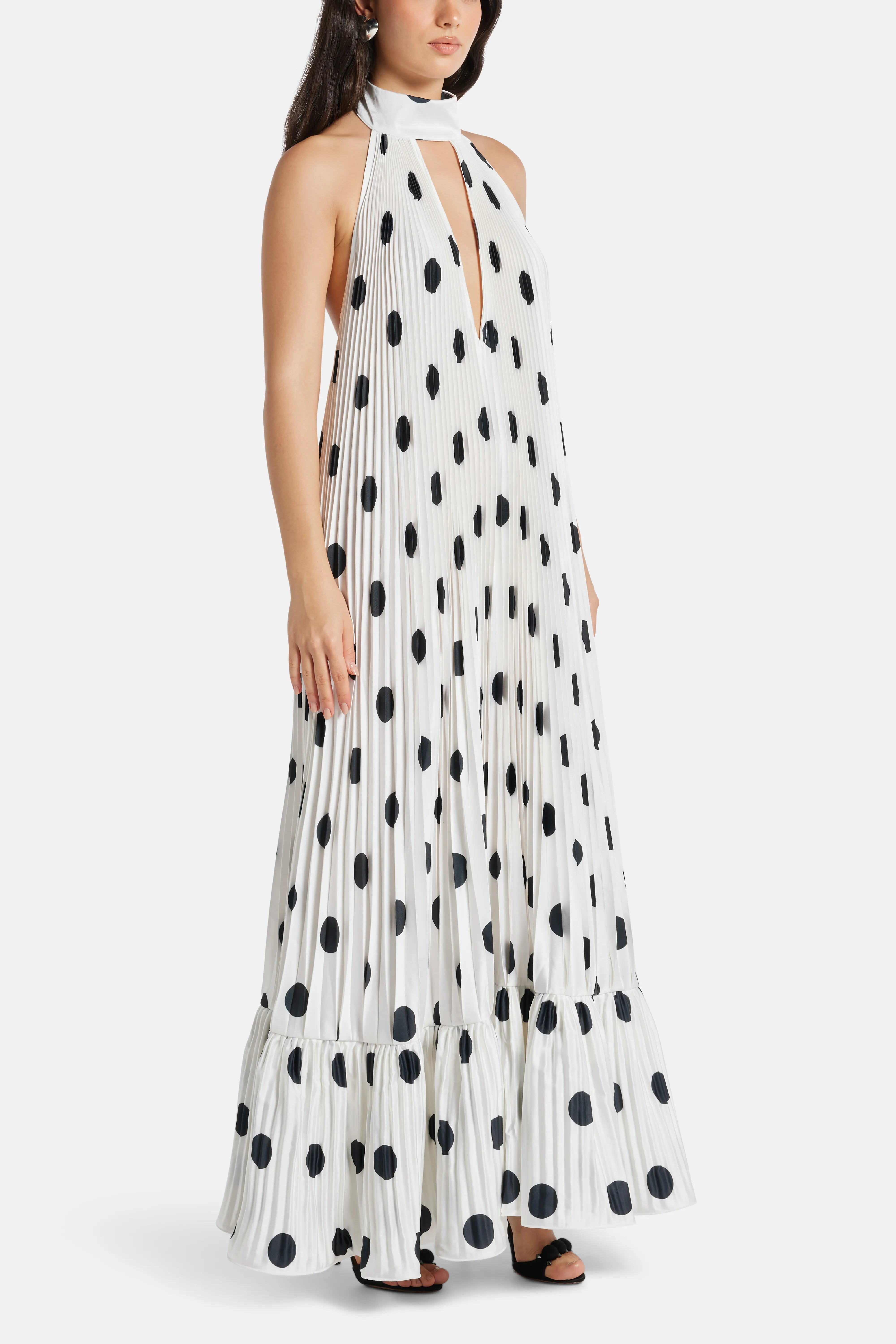 Libertie Polka Dot Sleeveless Pleated Evening Dress in White