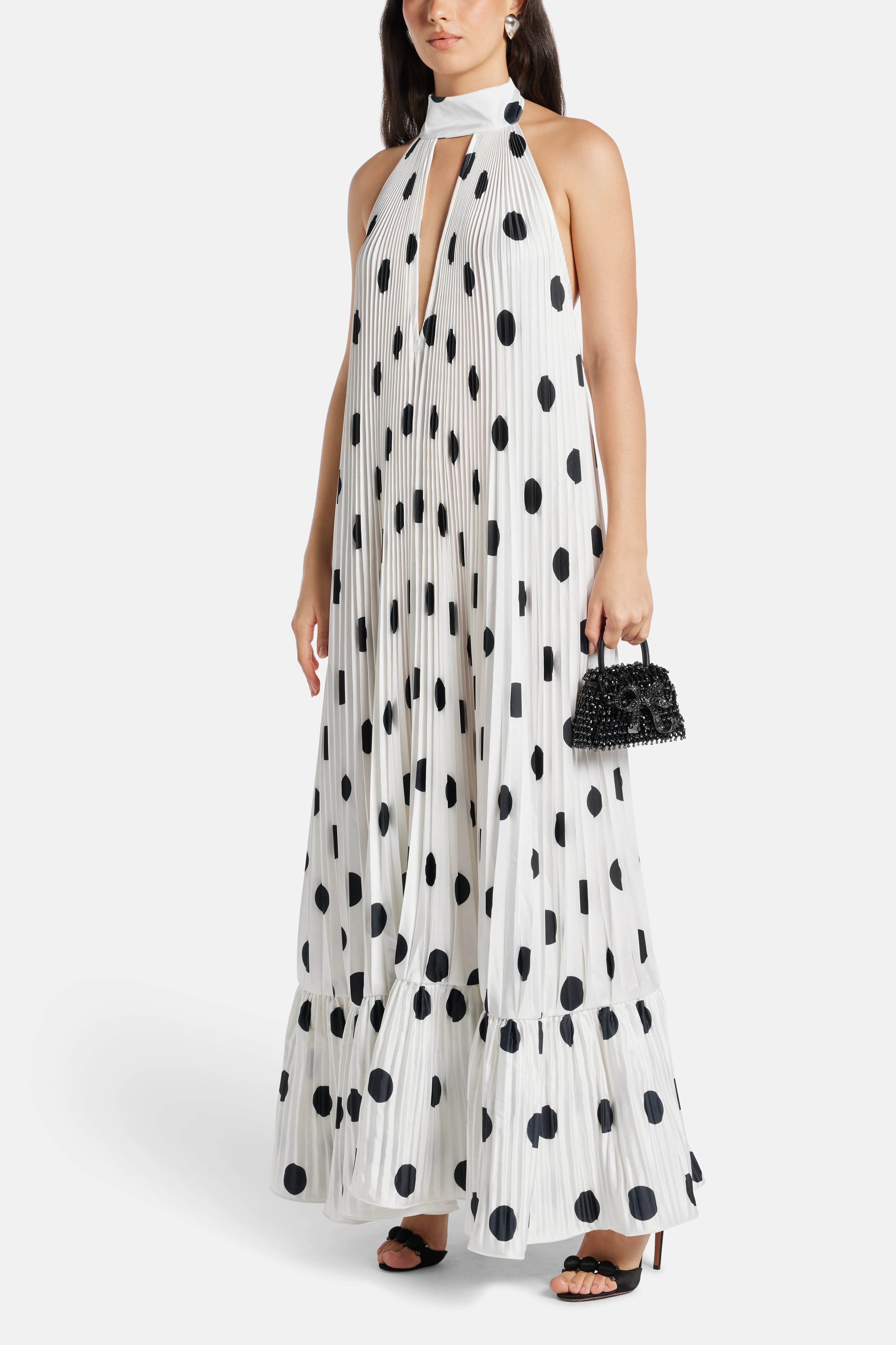Libertie Polka Dot Sleeveless Pleated Evening Dress in White