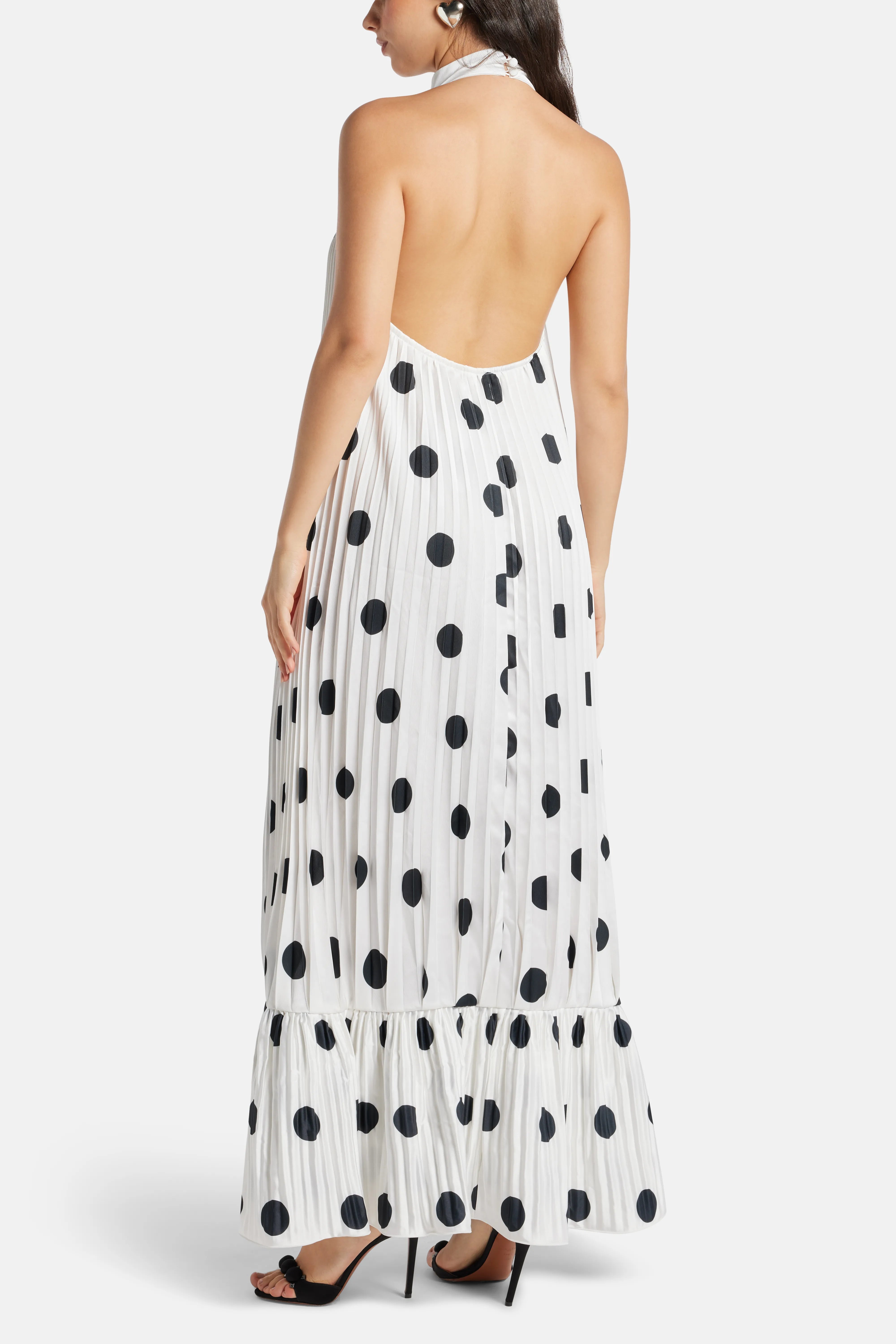 Libertie Polka Dot Sleeveless Pleated Evening Dress in White