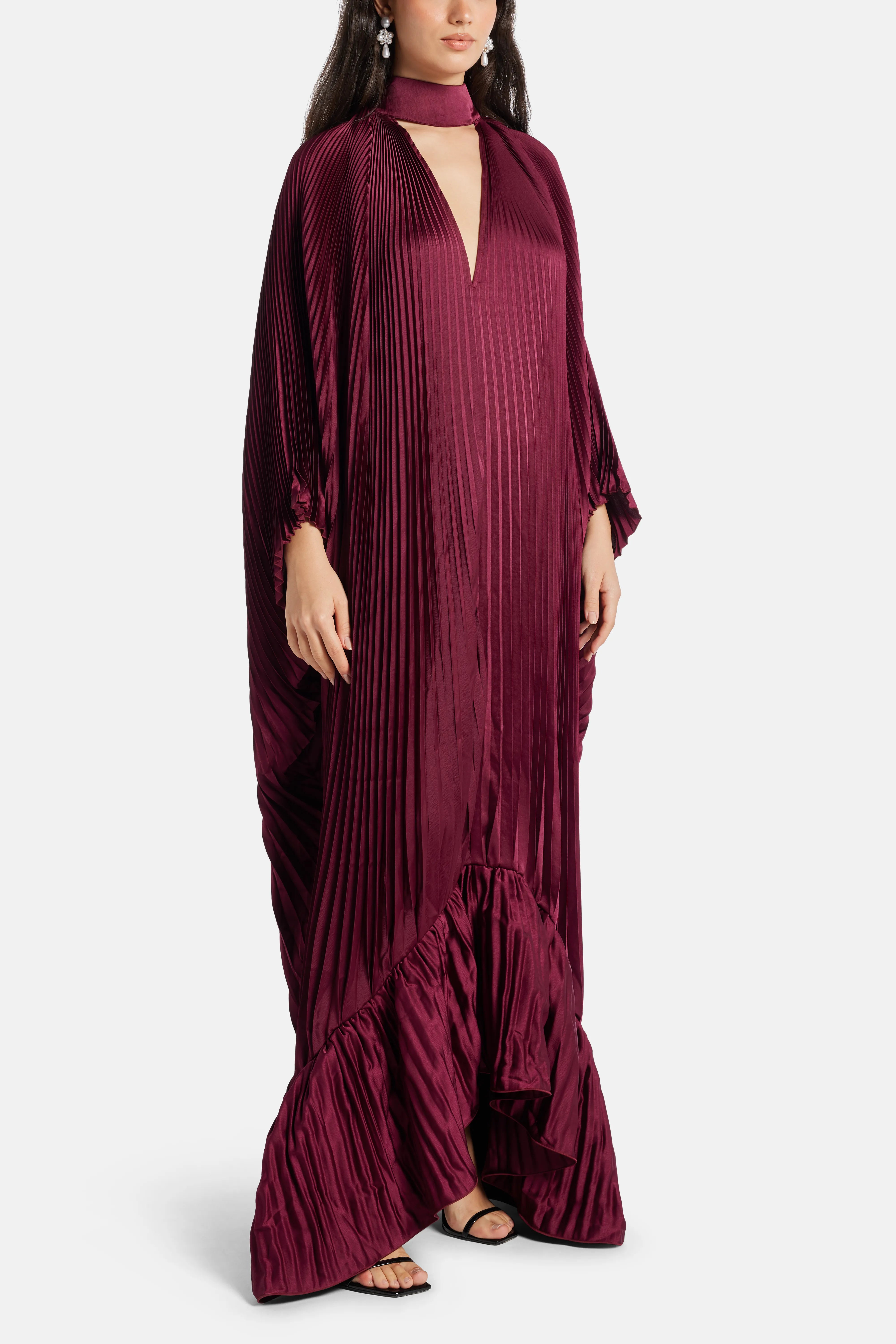 Empire Pleated Evening Dress in Burgundy