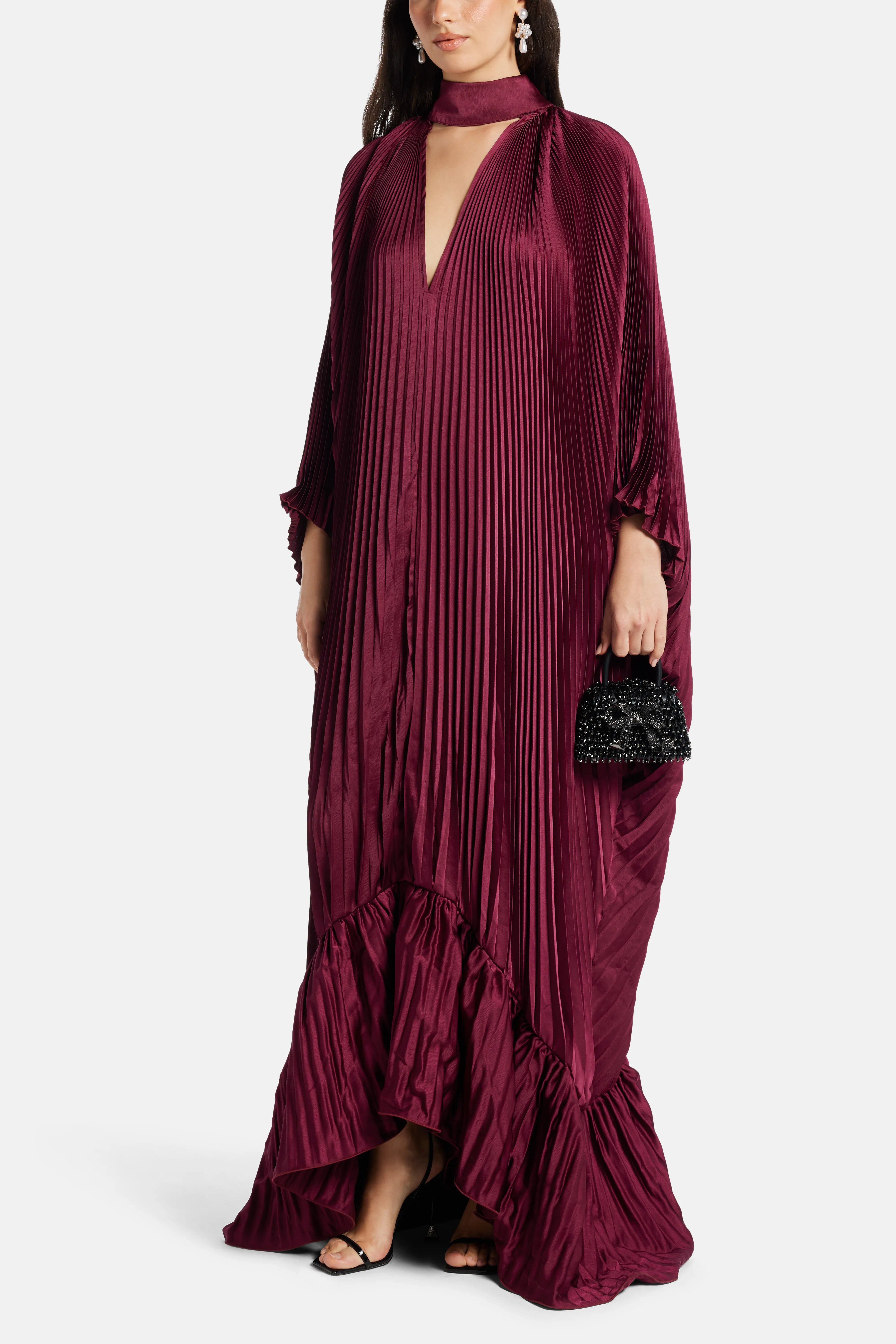 Empire Pleated Evening Dress in Burgundy