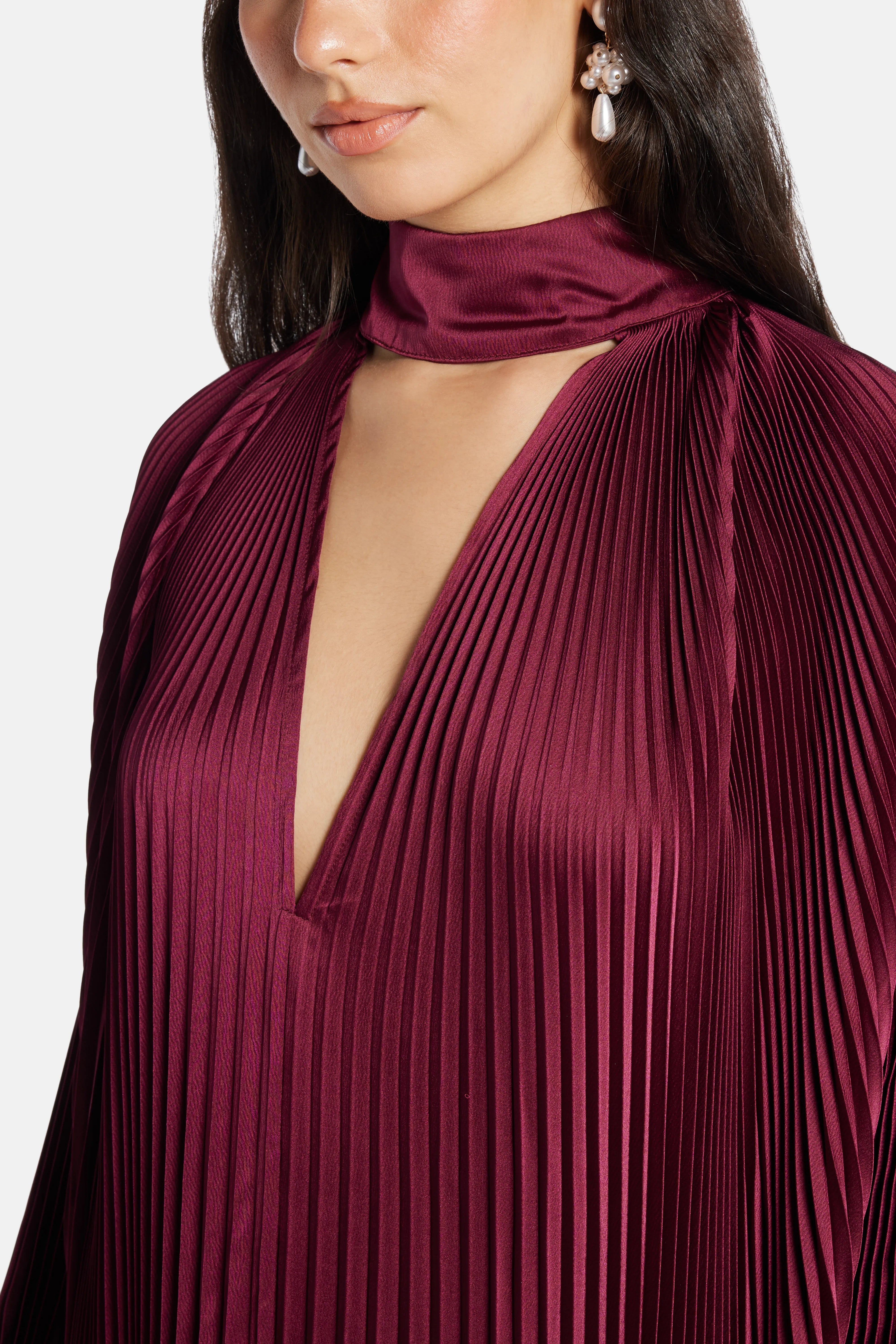 Empire Pleated Evening Dress in Burgundy