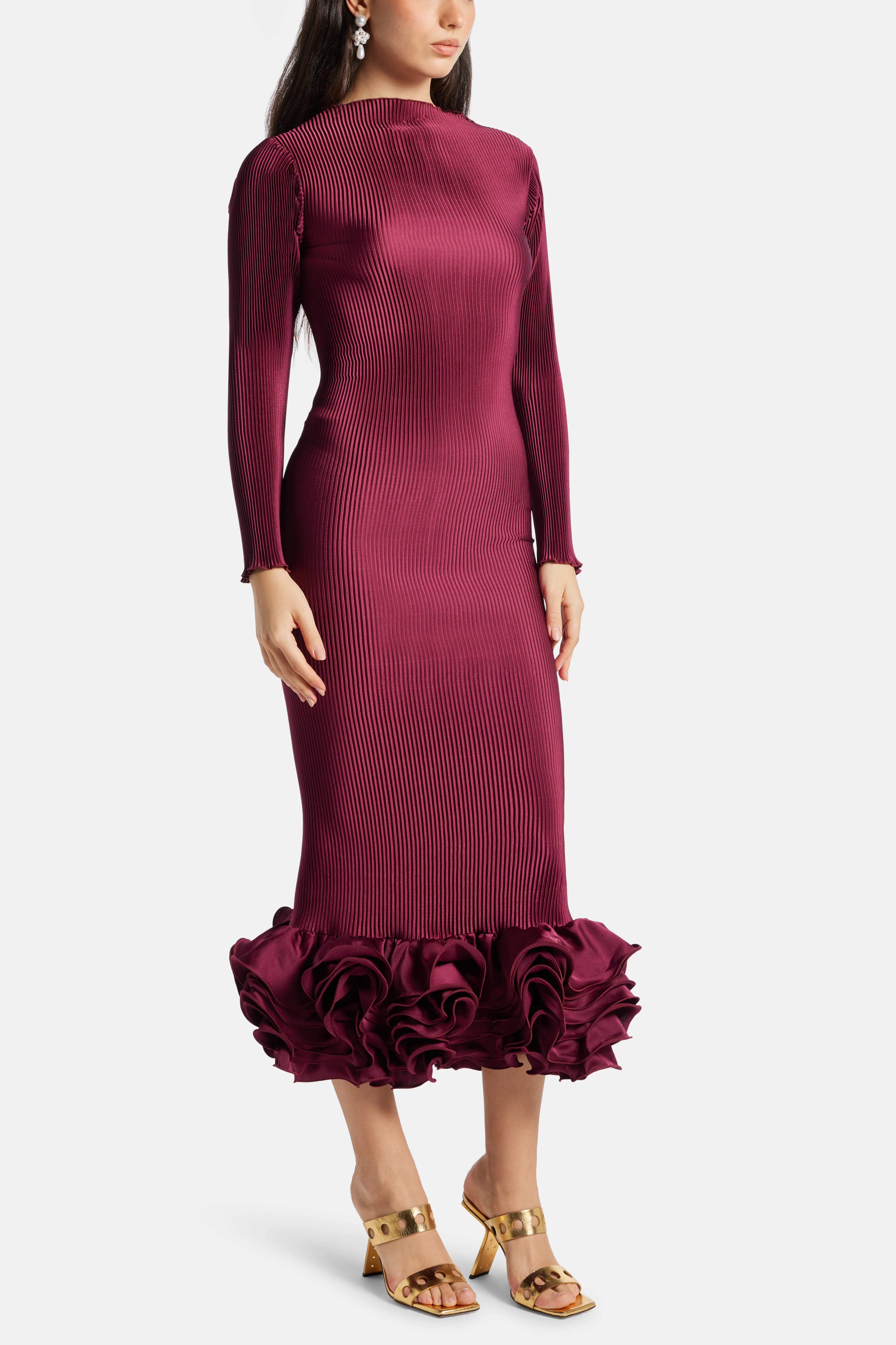 Campbell Pleated Cocktail Evening Dress in Burgundy
