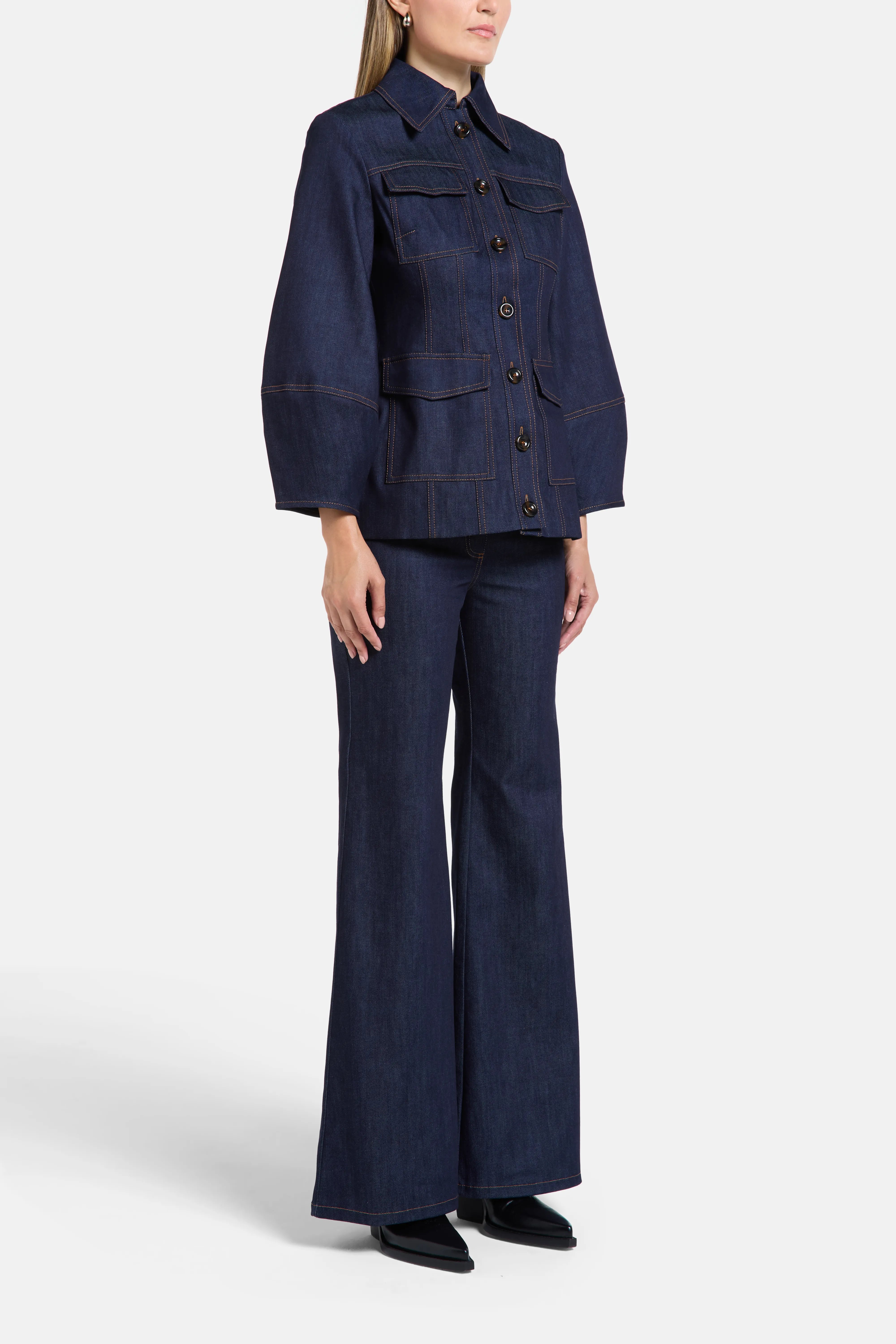 Florence Puff Sleeves Denim Cotton Jacket in Blue