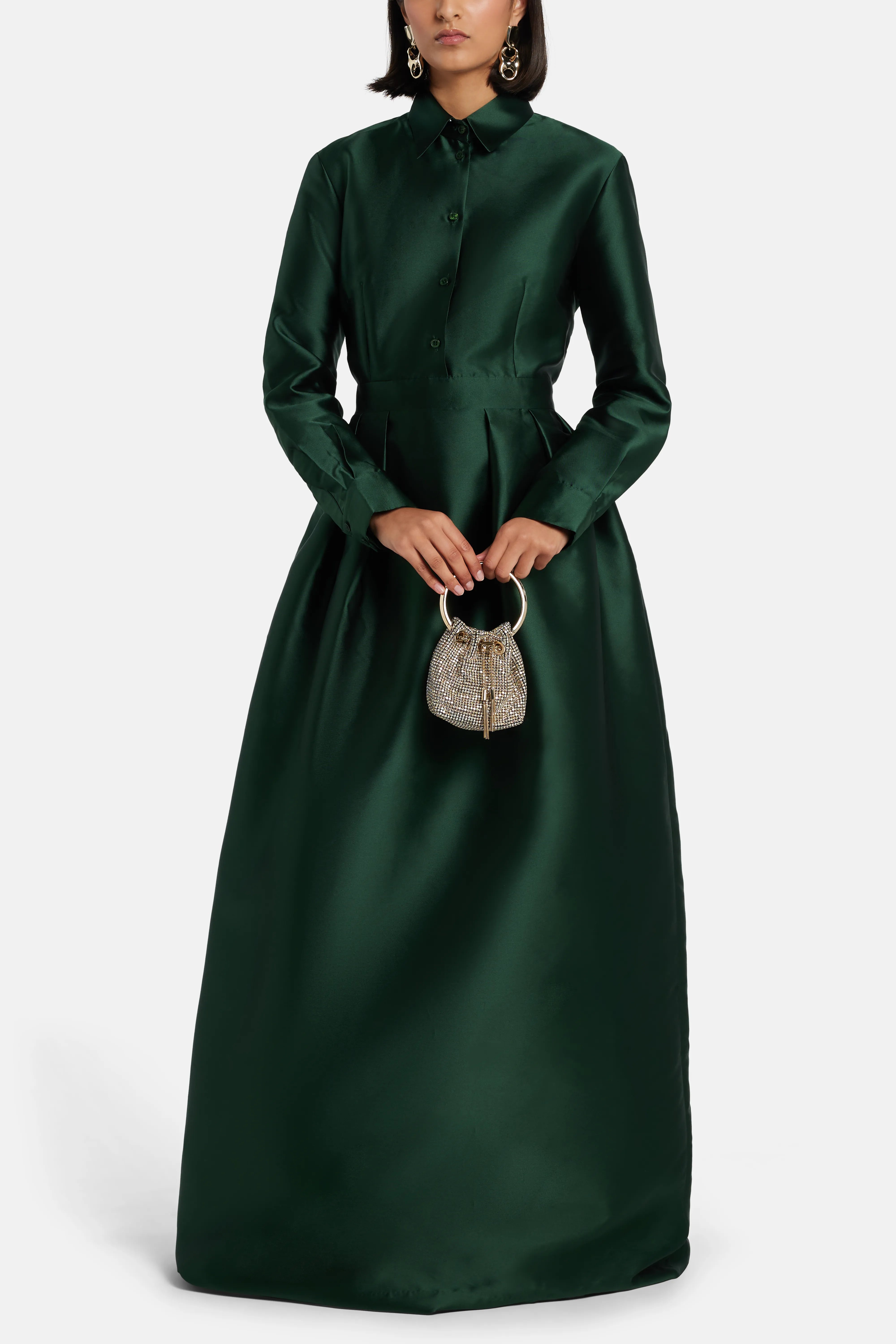 فستان سهرة قميص "Trompe Loeil" باللون الأخضر مع فتحة أزرار