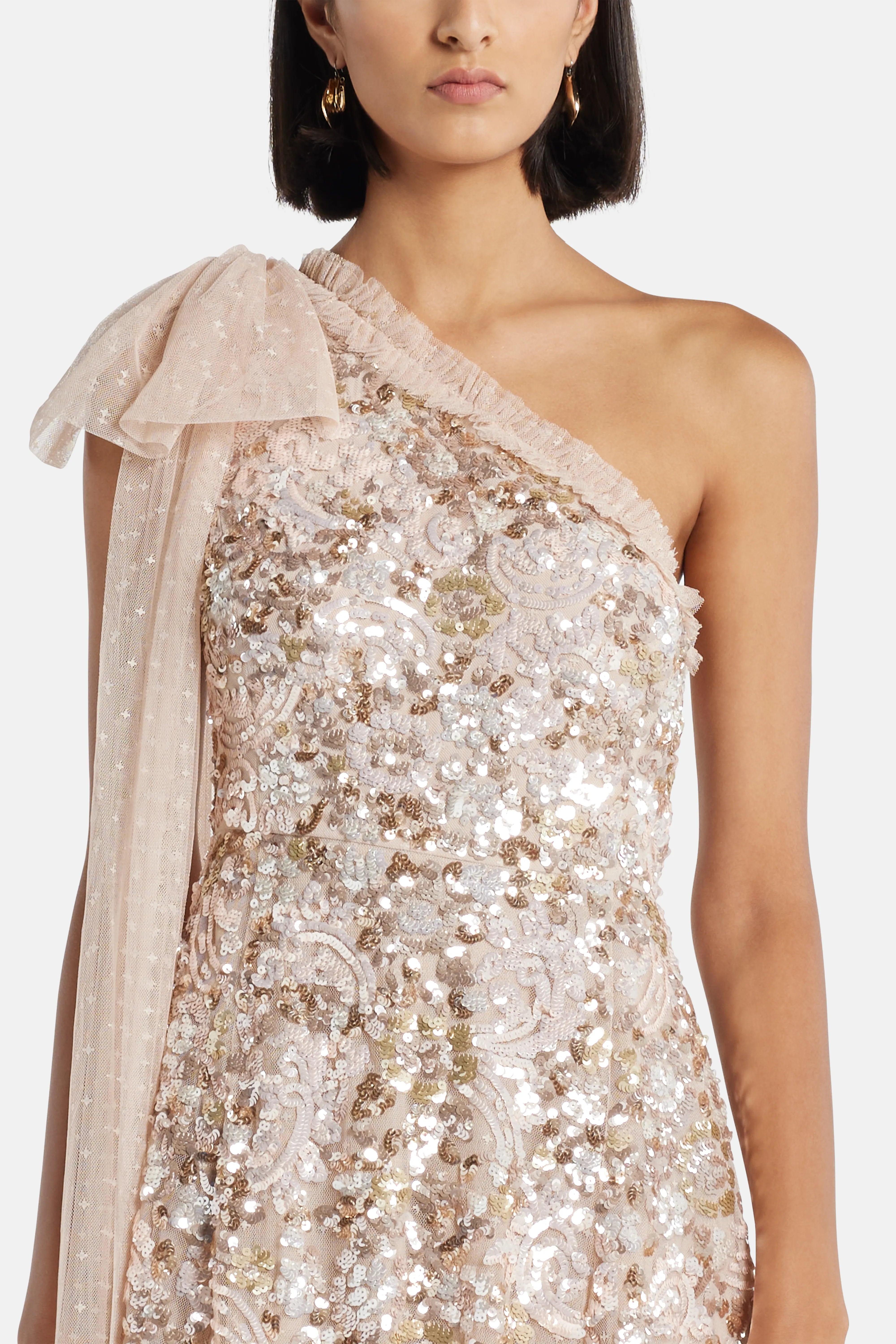 Baroque Floral One Shoulder Bow Evening Dress in Beige