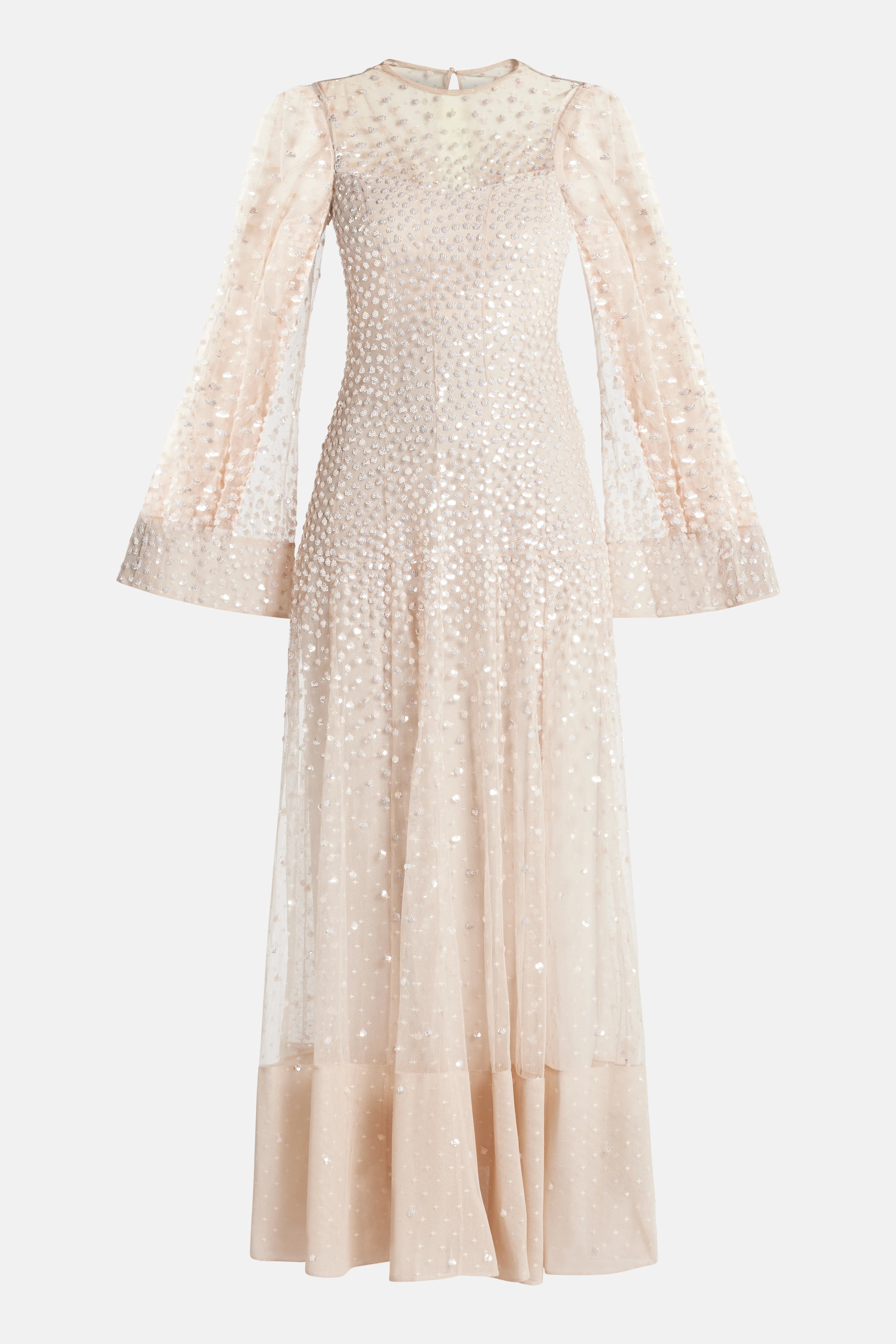 Sequin Cascade Evening Dress in Beige