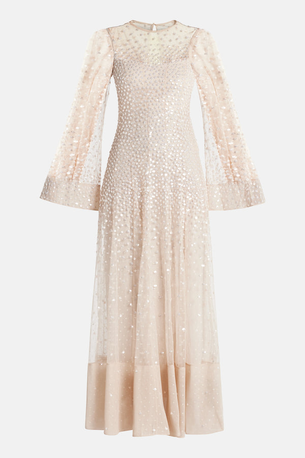 Sequin Cascade Evening Dress in Beige