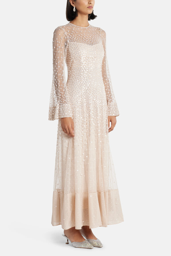Sequin Cascade Evening Dress in Beige