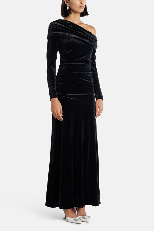 Nova One Shoulder Velvet Evening Dress in Black