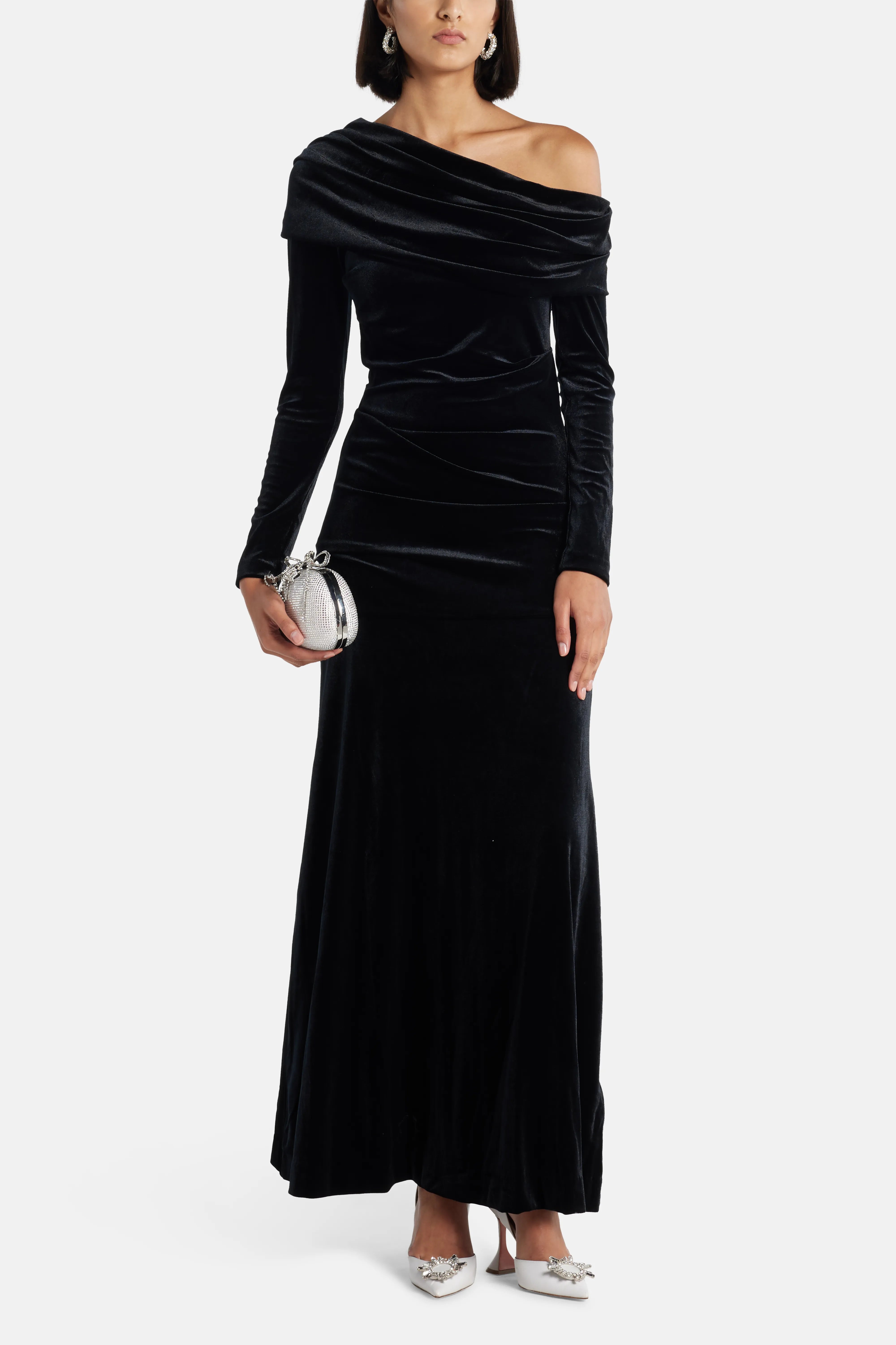 Nova One Shoulder Velvet Evening Dress in Black