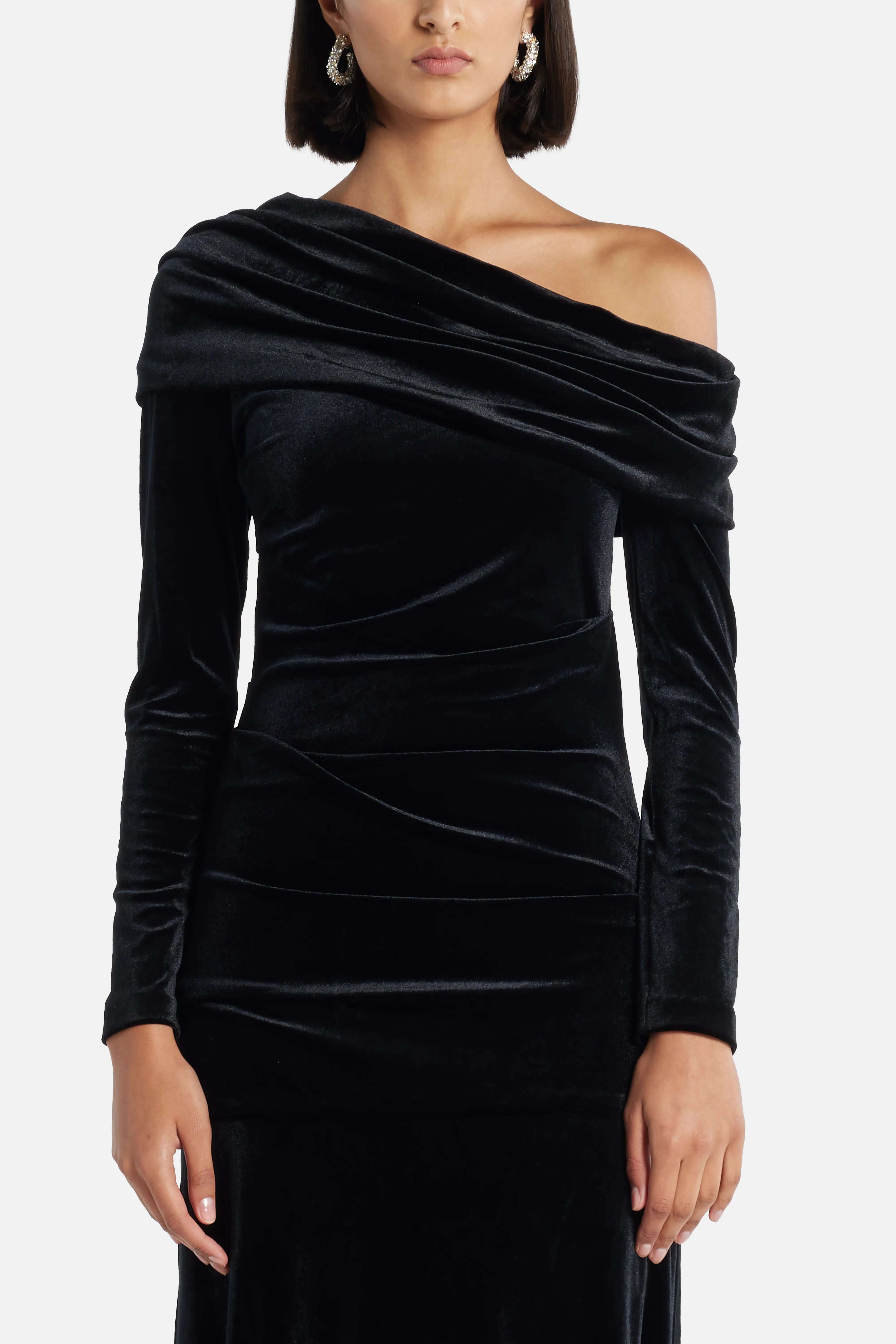 Nova One Shoulder Velvet Evening Dress in Black