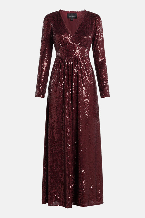 Chelsea V Neck Sequin Evening Dress in Maroon