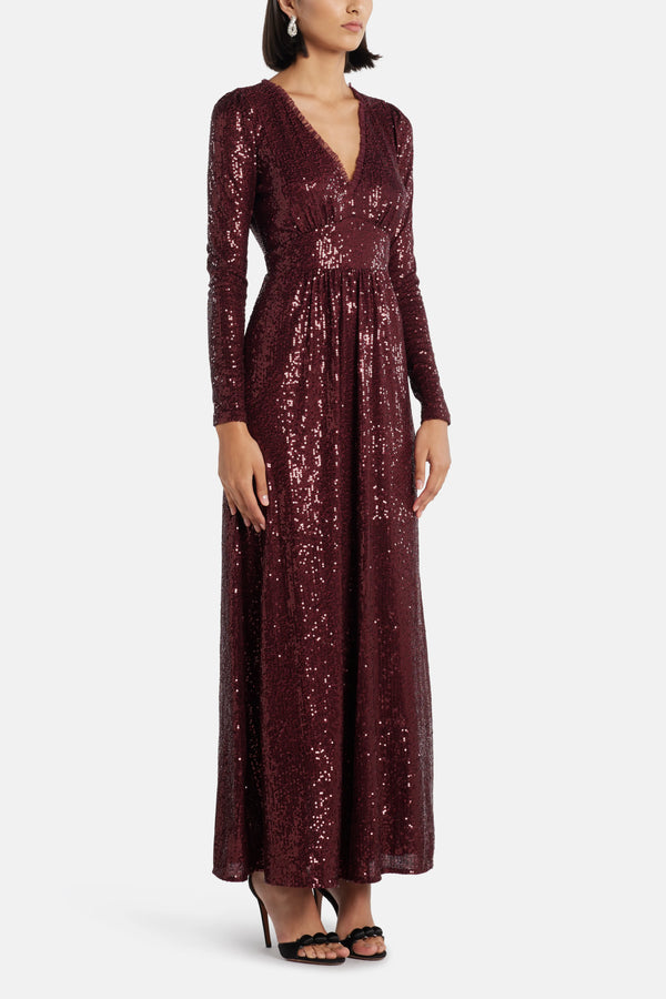 Chelsea V Neck Sequin Evening Dress in Maroon