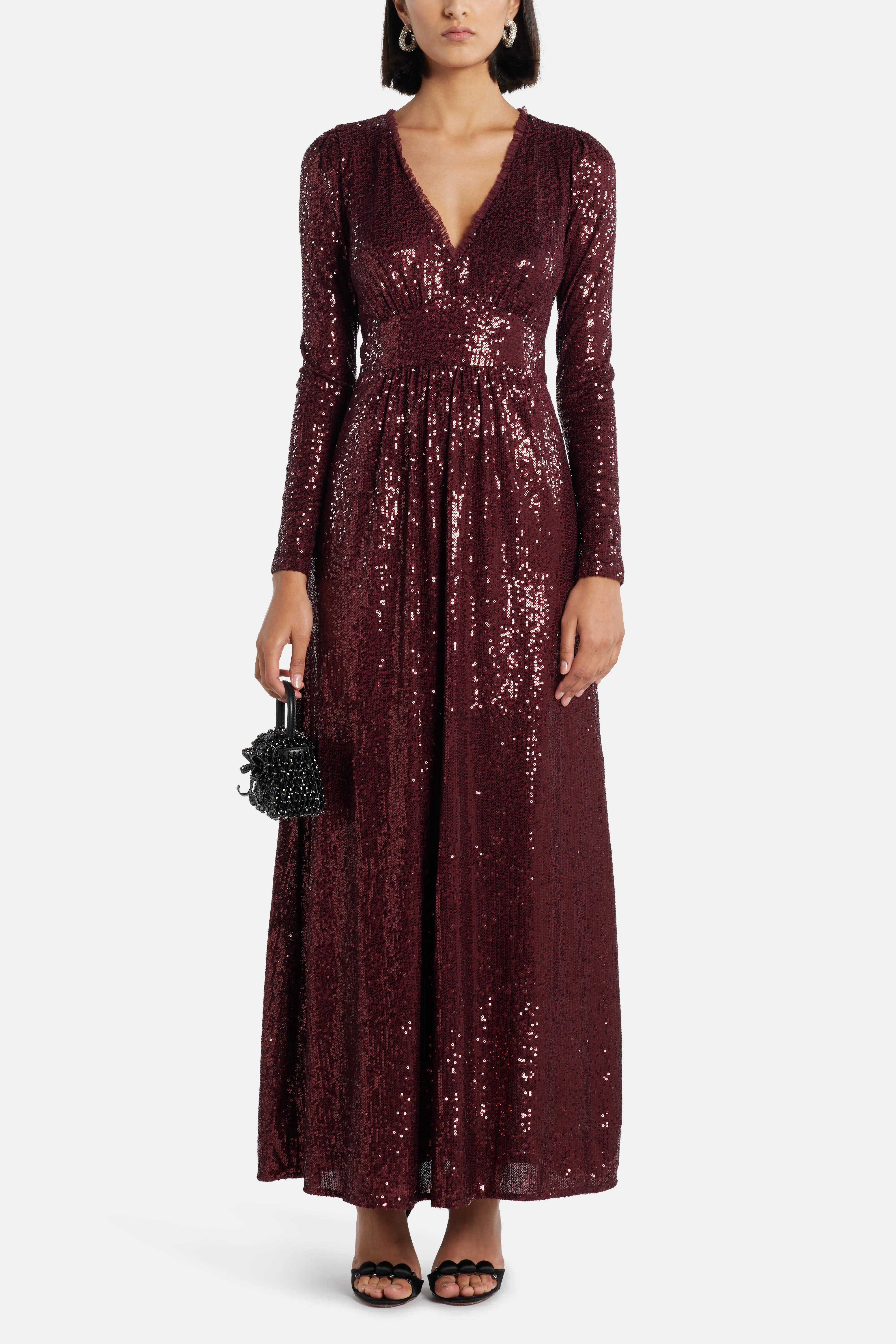 Chelsea V Neck Sequin Evening Dress in Maroon