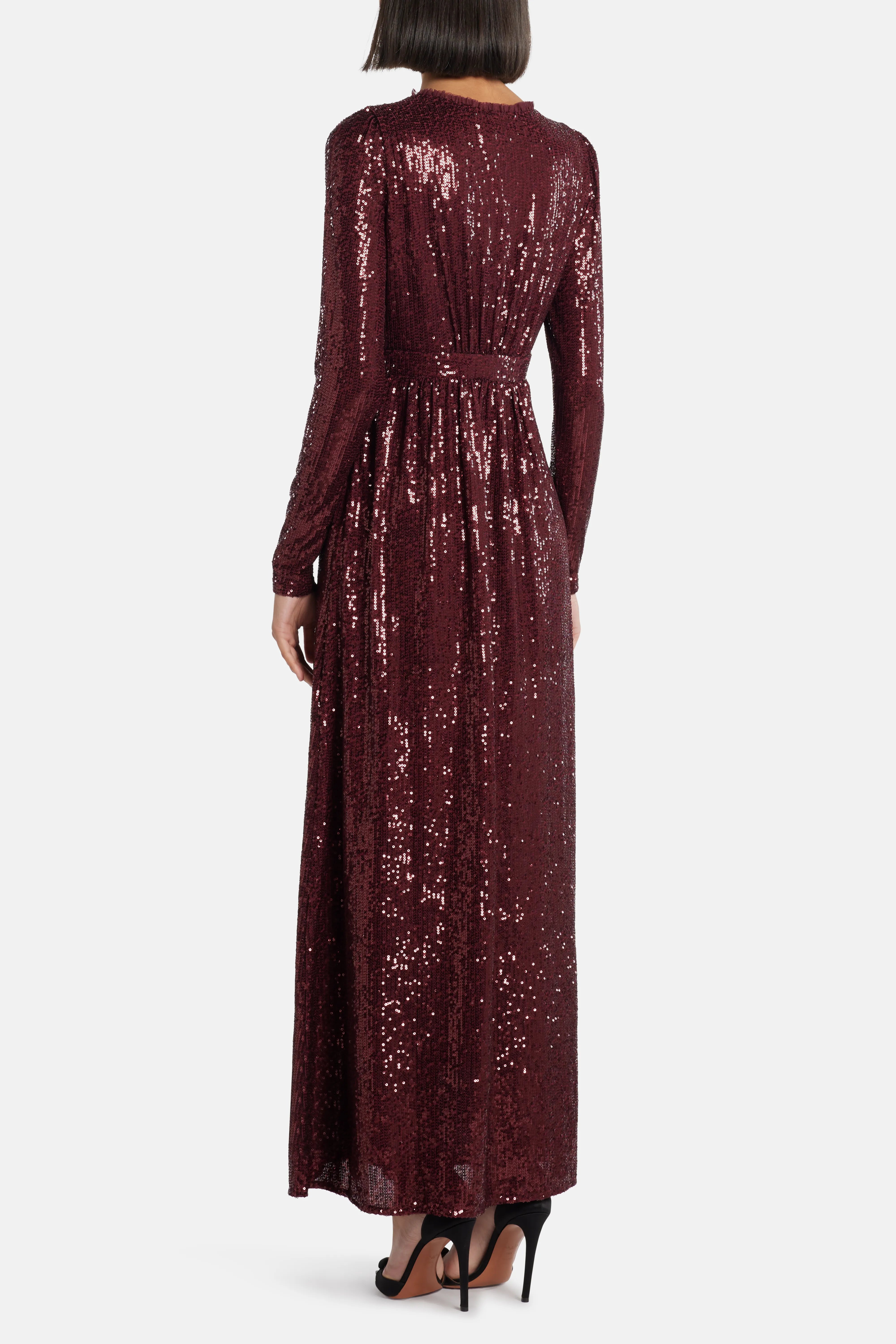 Chelsea V Neck Sequin Evening Dress in Maroon