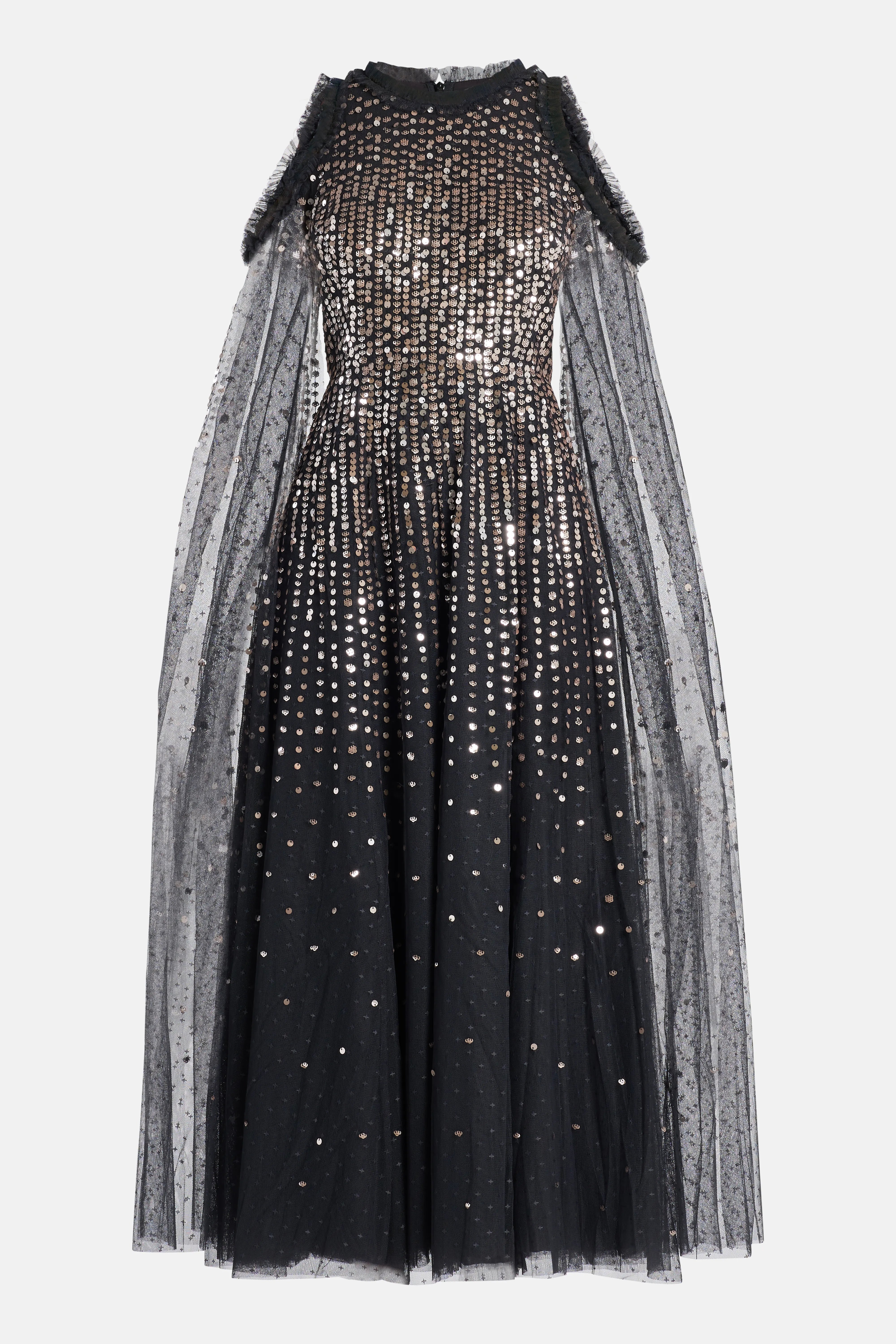 Moonlight Sequin Cape Sleeve Evening Dress in Black