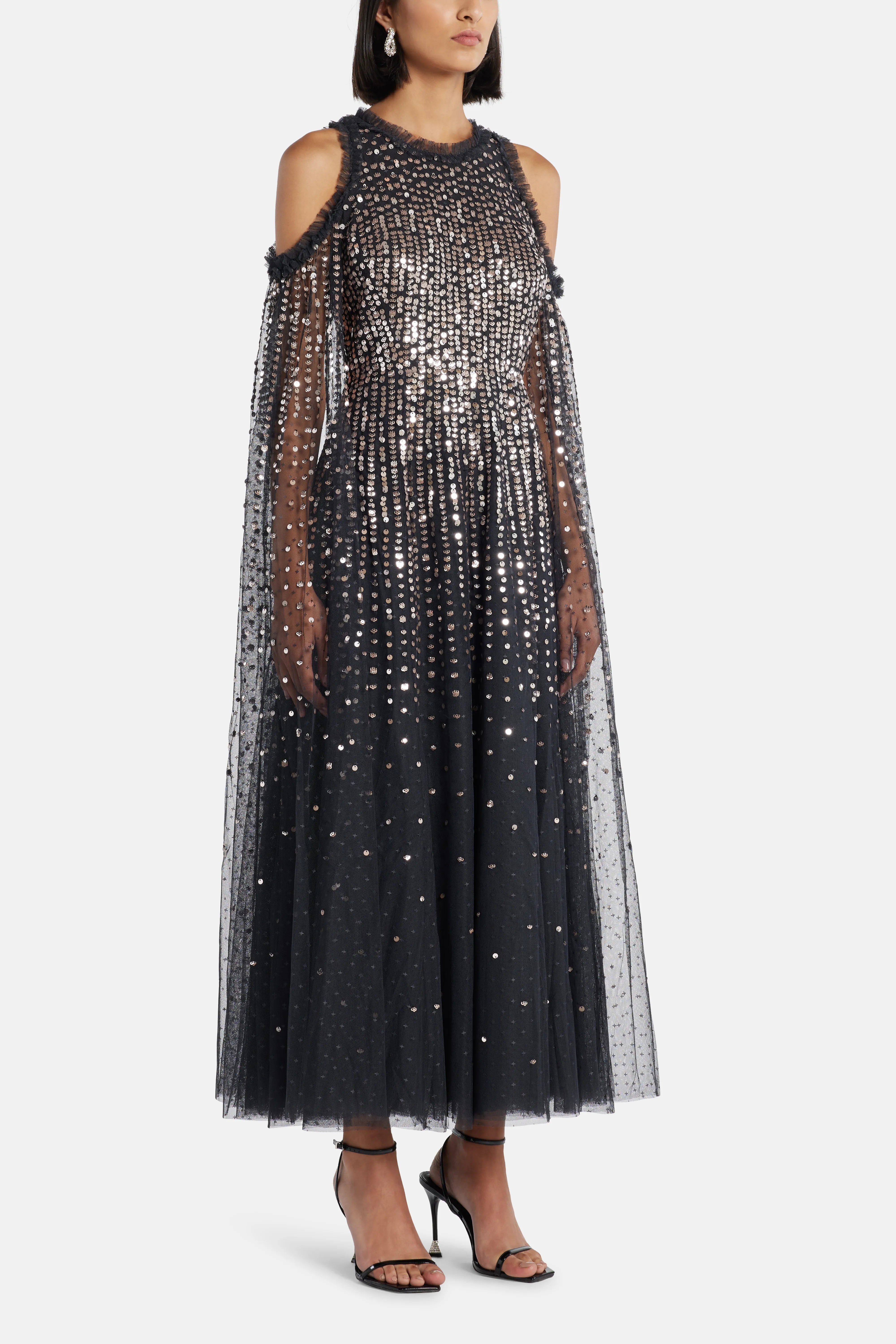 Moonlight Sequin Cape Sleeve Evening Dress in Black