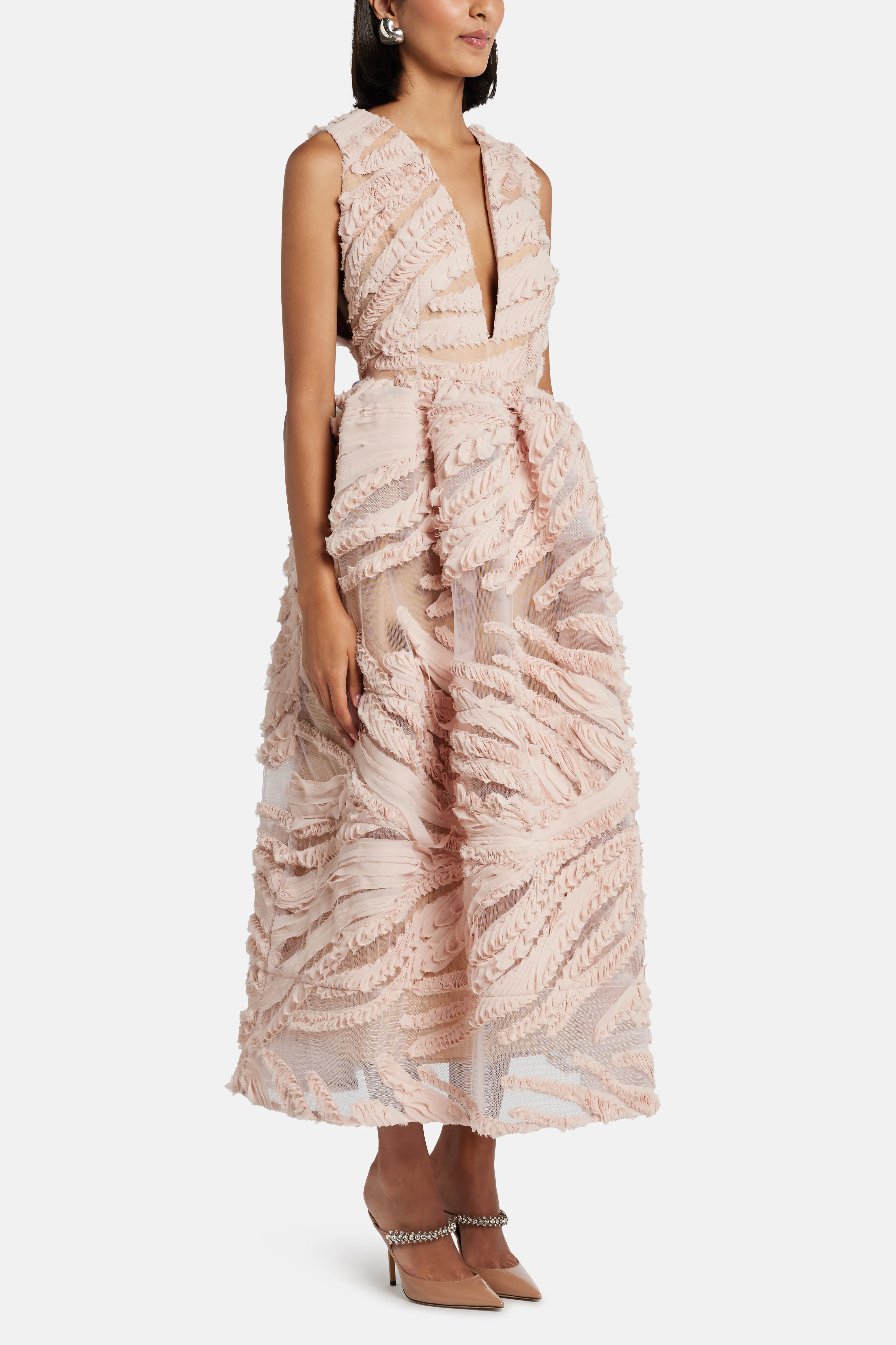 فستان ميدي برينيا برقبة على شكل V باللون الوردي