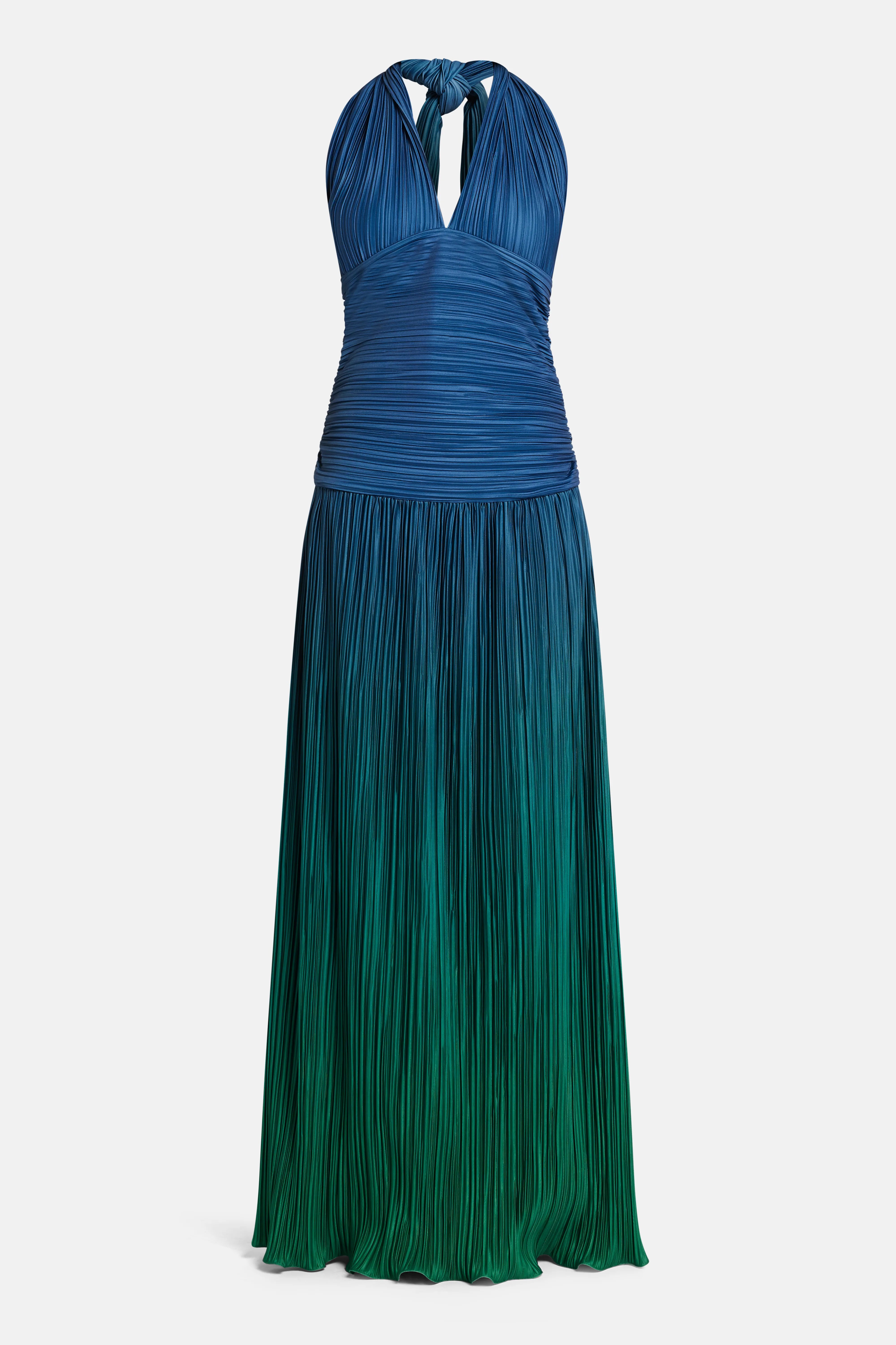 فستان ماكسي بطية صدر على شكل V بلون أخضر وأزرق