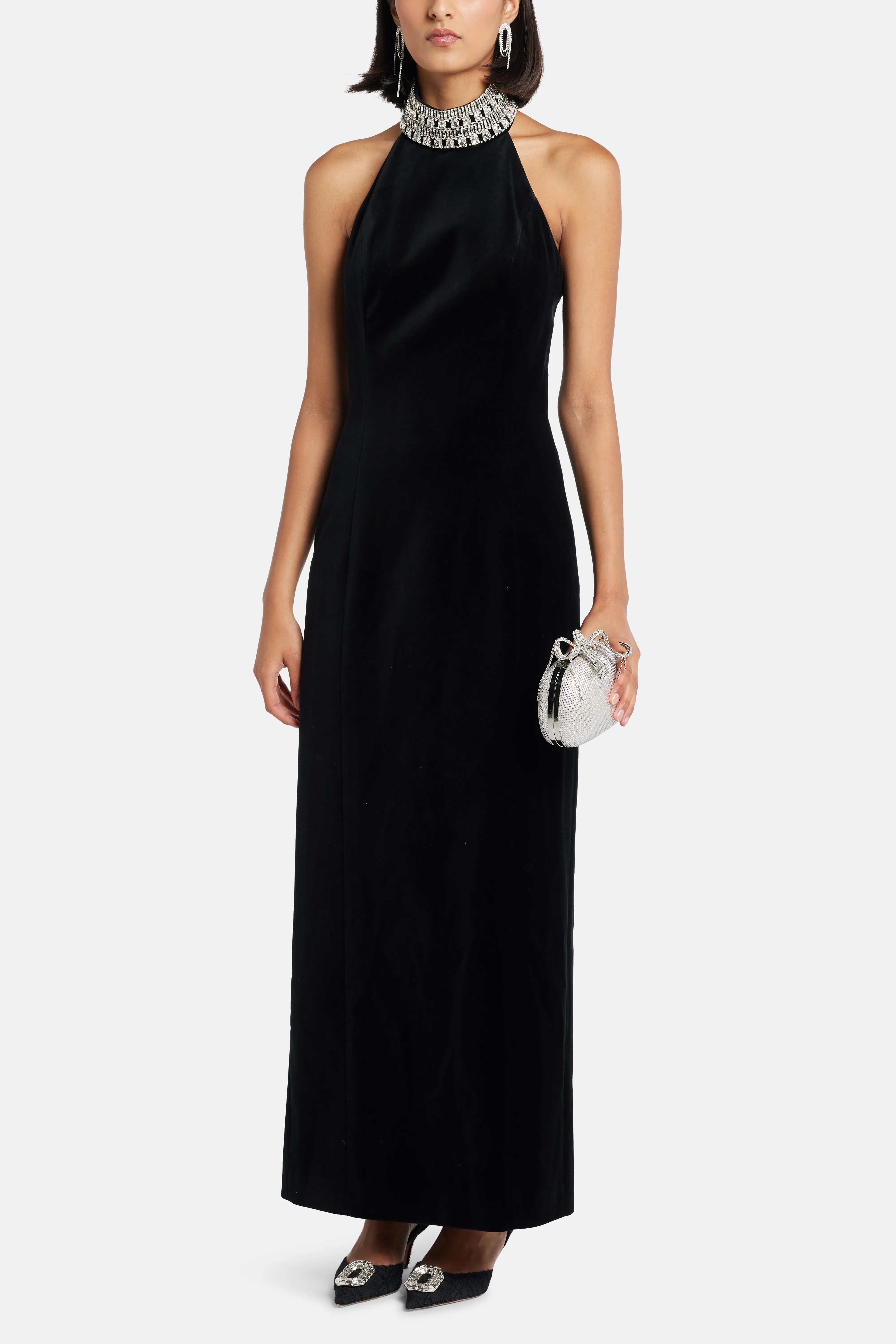 Divina Halter Neck Velvet Evening Dress in Black