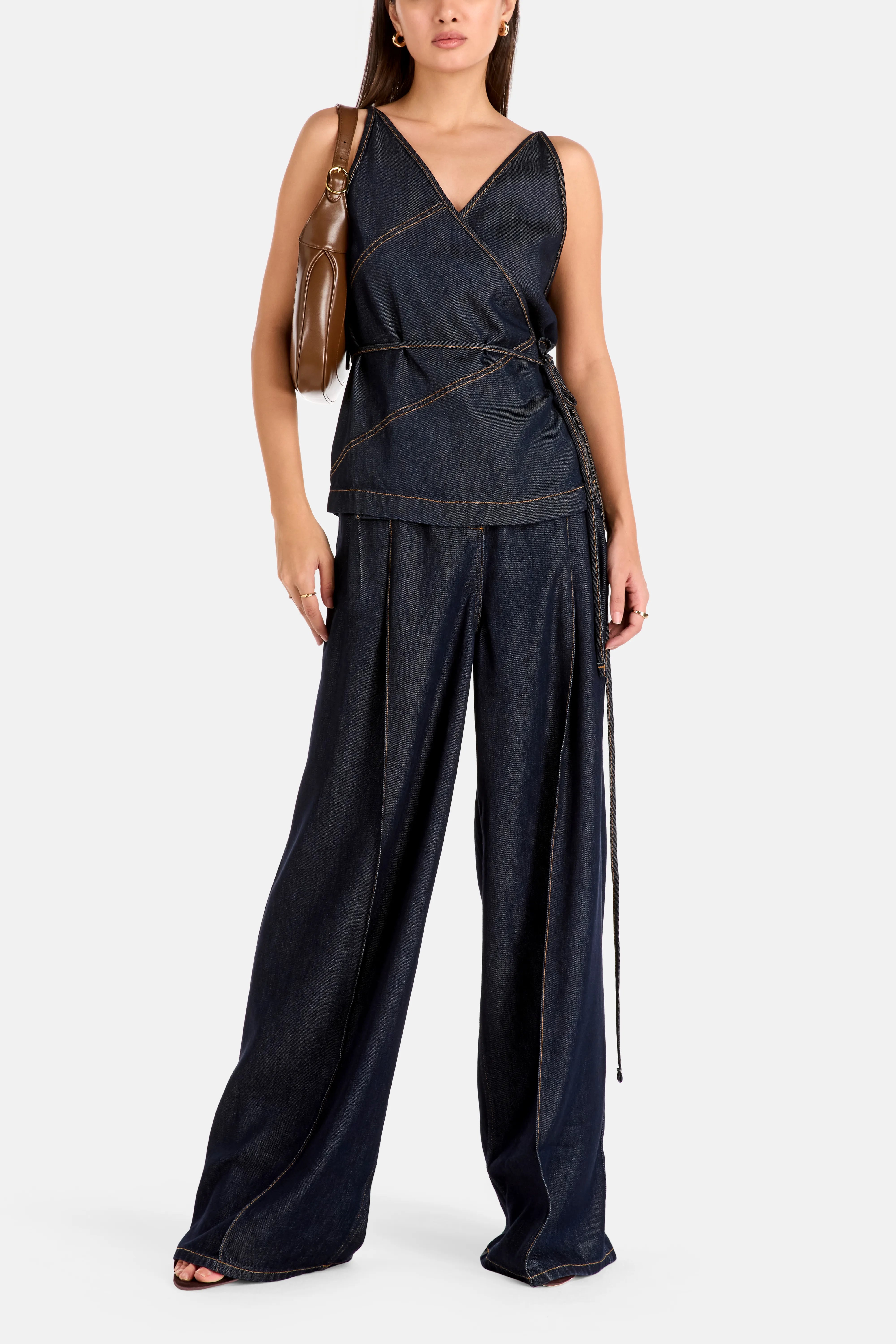 Renata V Neck Denim Sleeveless Top in Blue