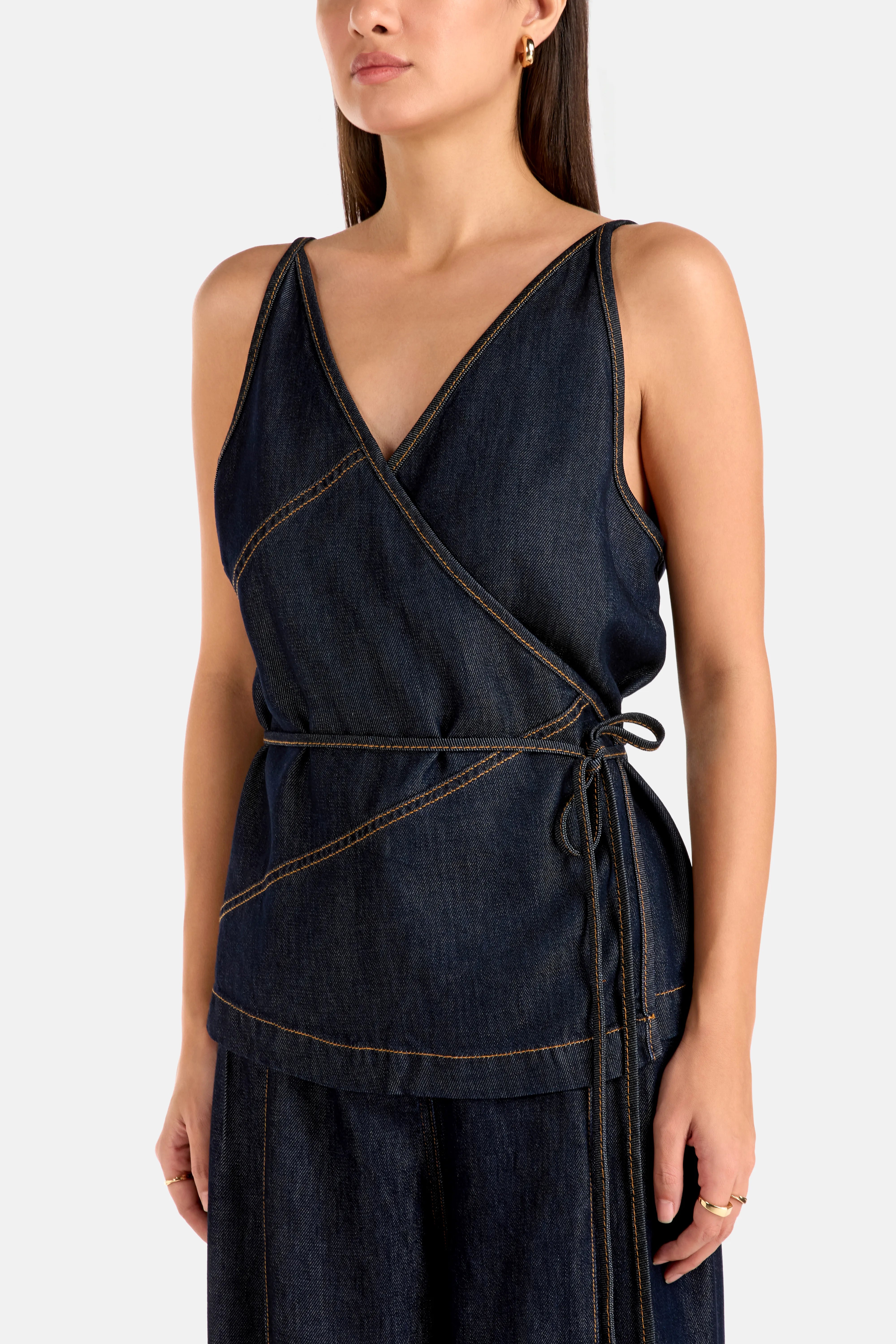 Renata V Neck Denim Sleeveless Top in Blue