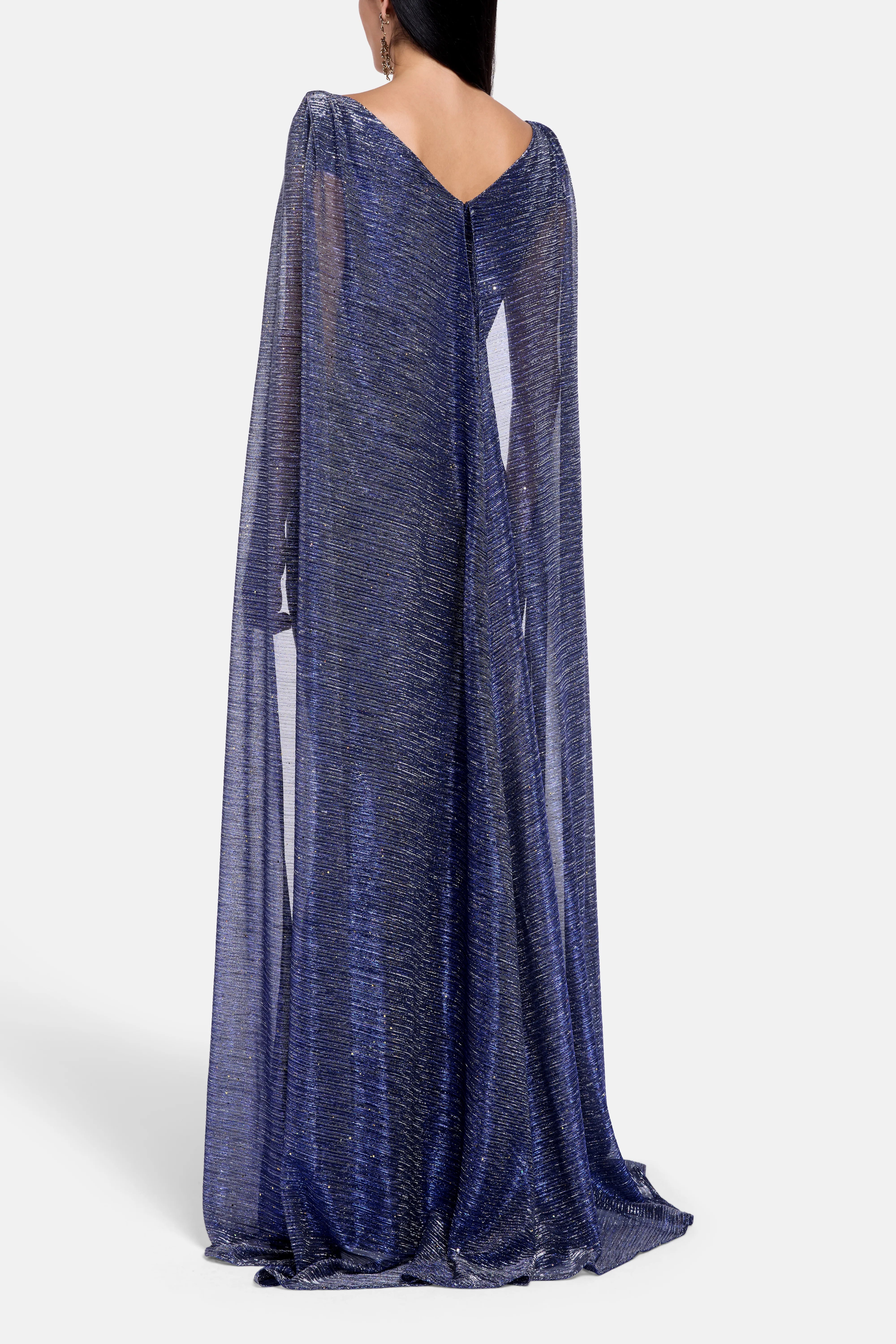 Sprinkled Metallic Shimmer Voile Cape Evening Gown in Blue