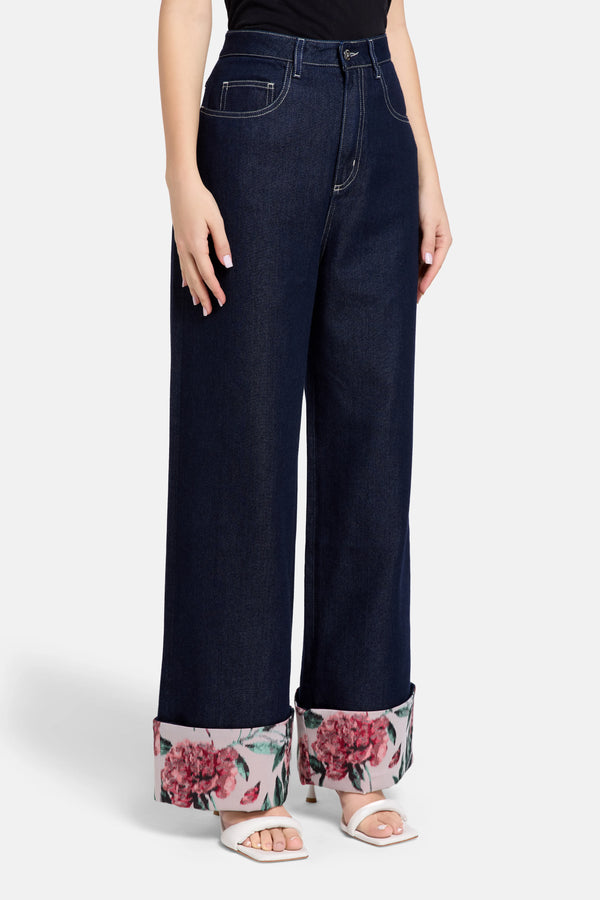 Indigo Floral Brocade Denim Cotton Wide Legged Jeans in Blue