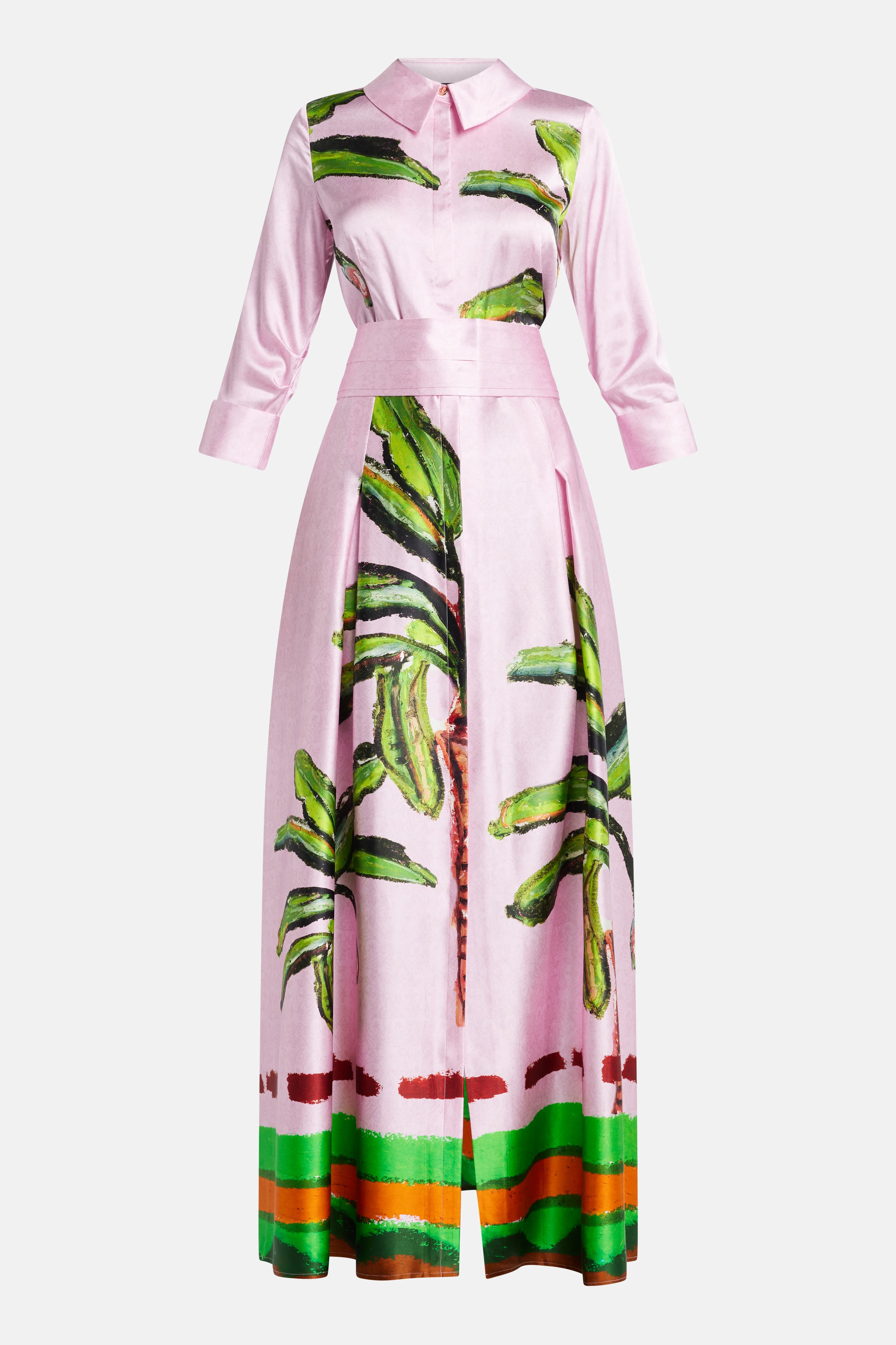 فستان ماكسي من كومولاو من الحرير المزين بحزام باللون الوردي