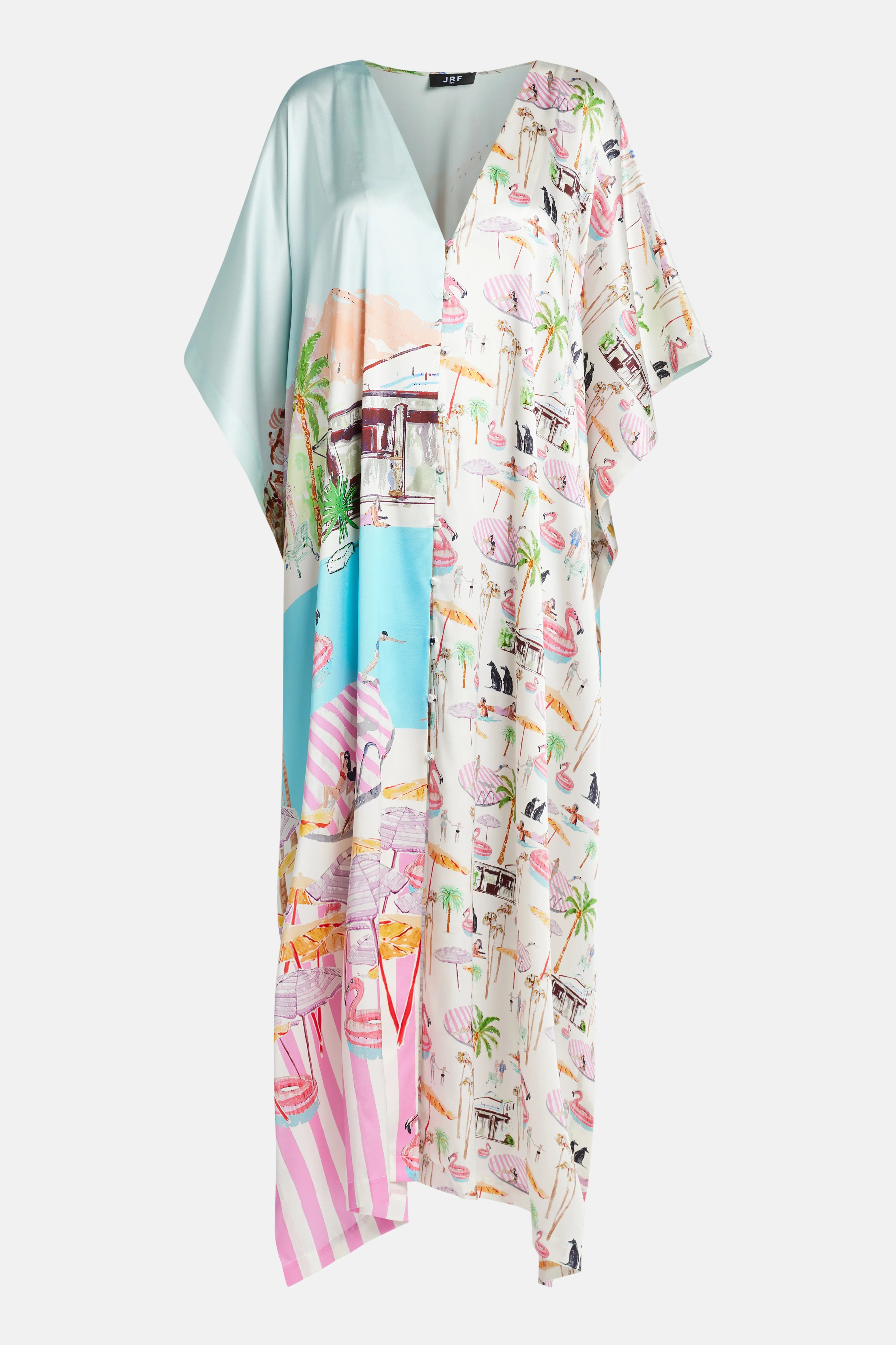 قفطان فلامينغو كلوب من الحرير برقبة على شكل V باللون الوردي