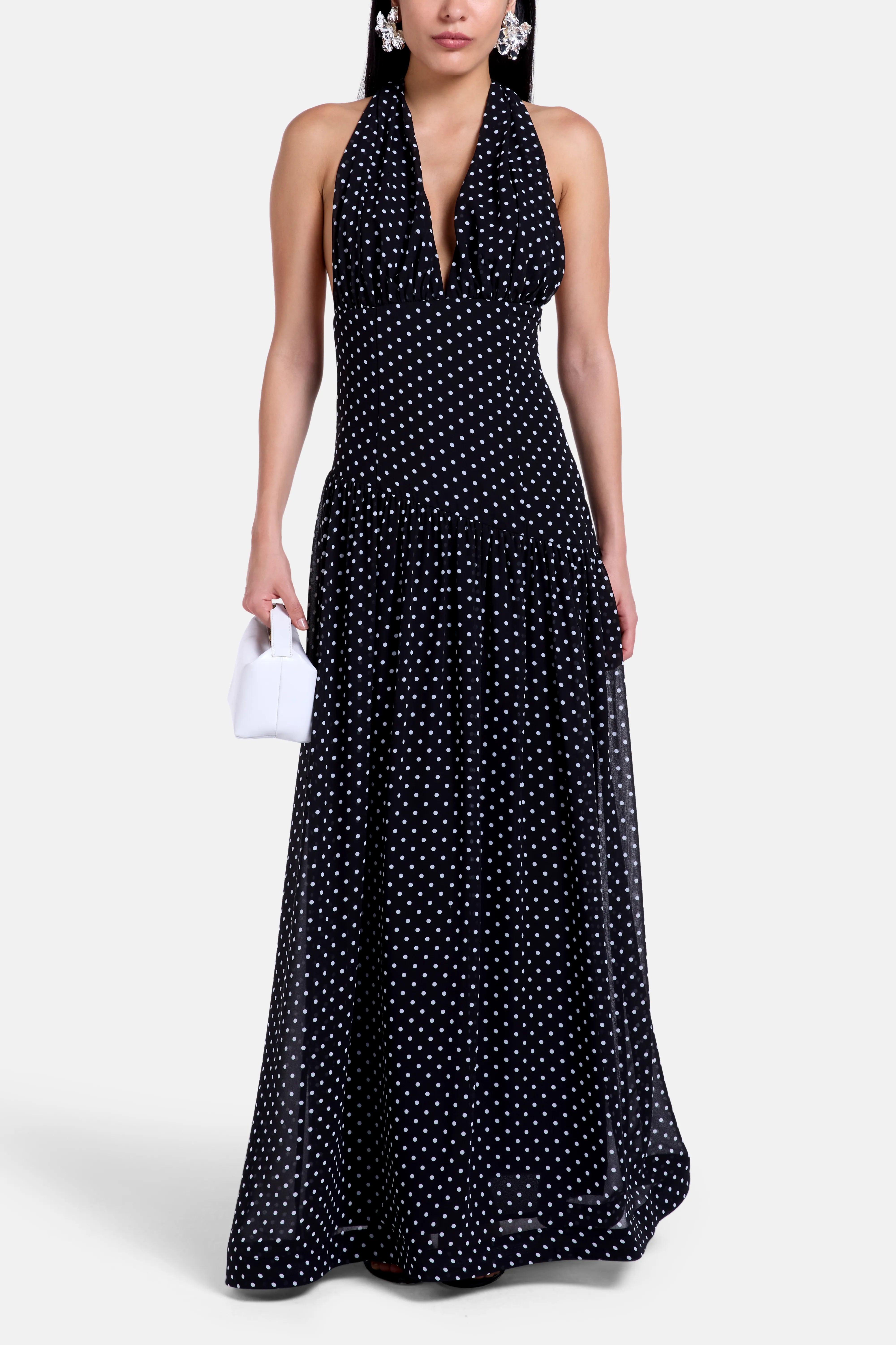 Grace Polka Dot Deep Neck Maxi Dress In Black With Scarf
