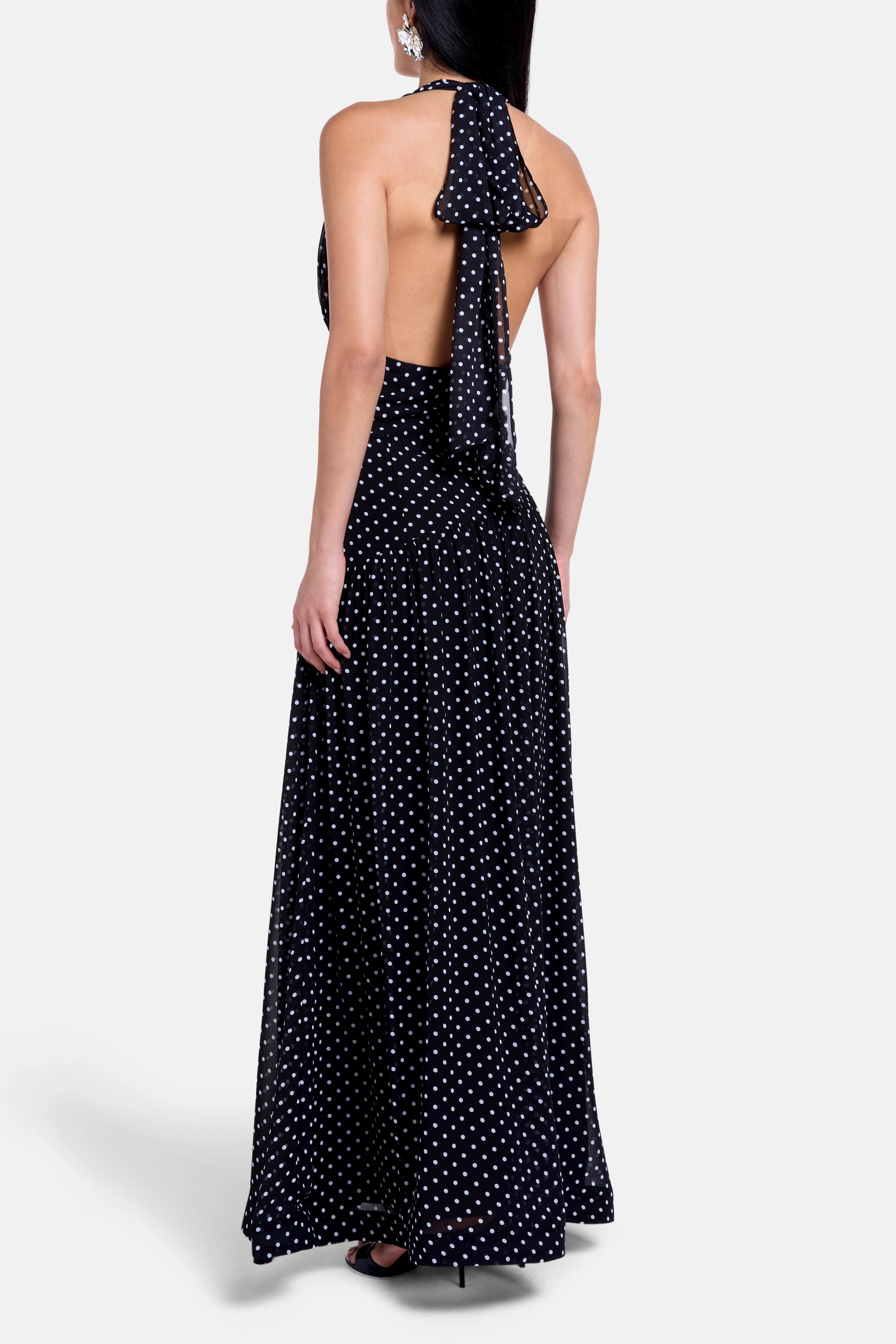 Grace Polka Dot Deep Neck Maxi Dress In Black With Scarf