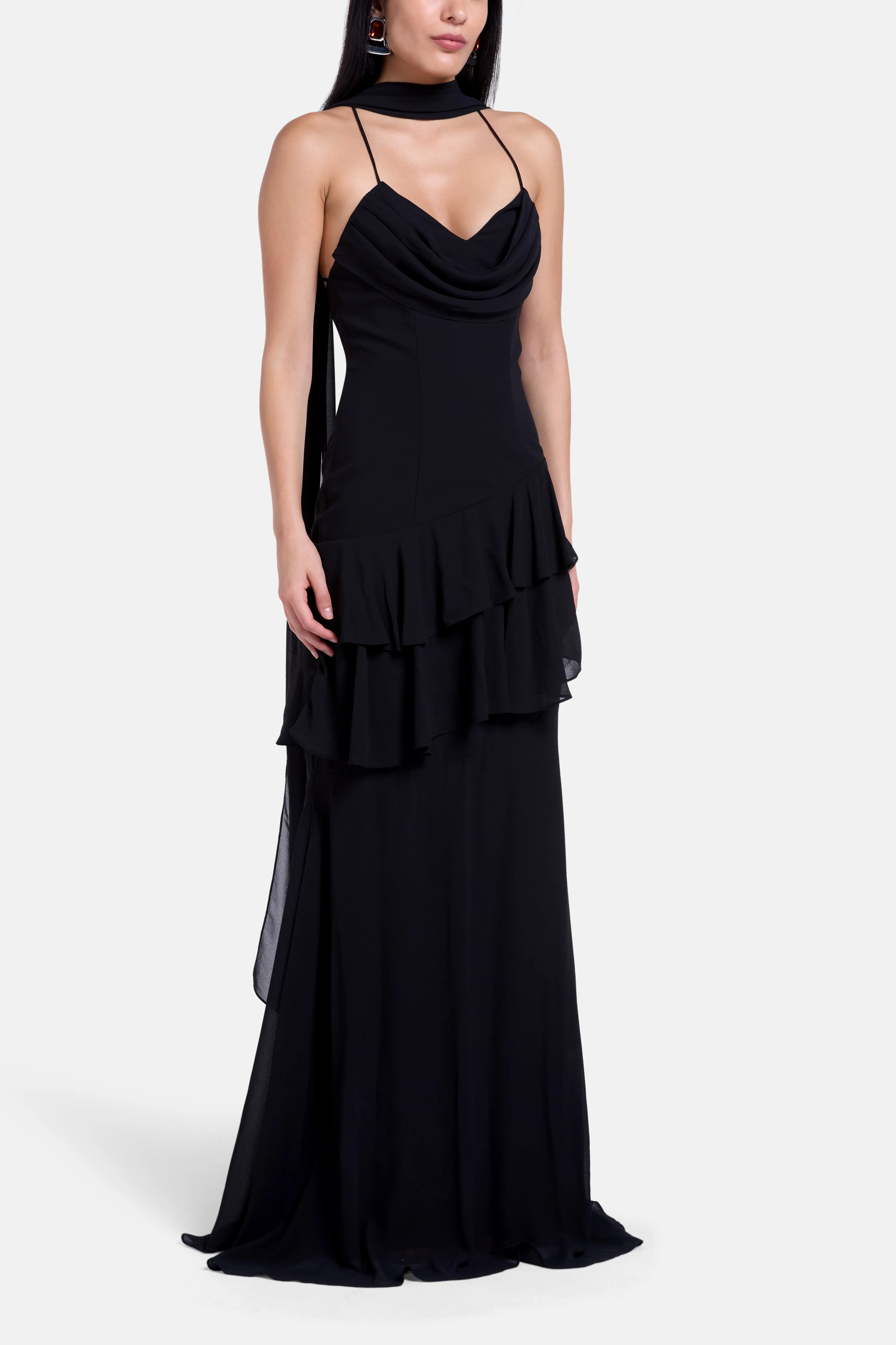 Juliet Slip Maxi Dress In Black With Scarf