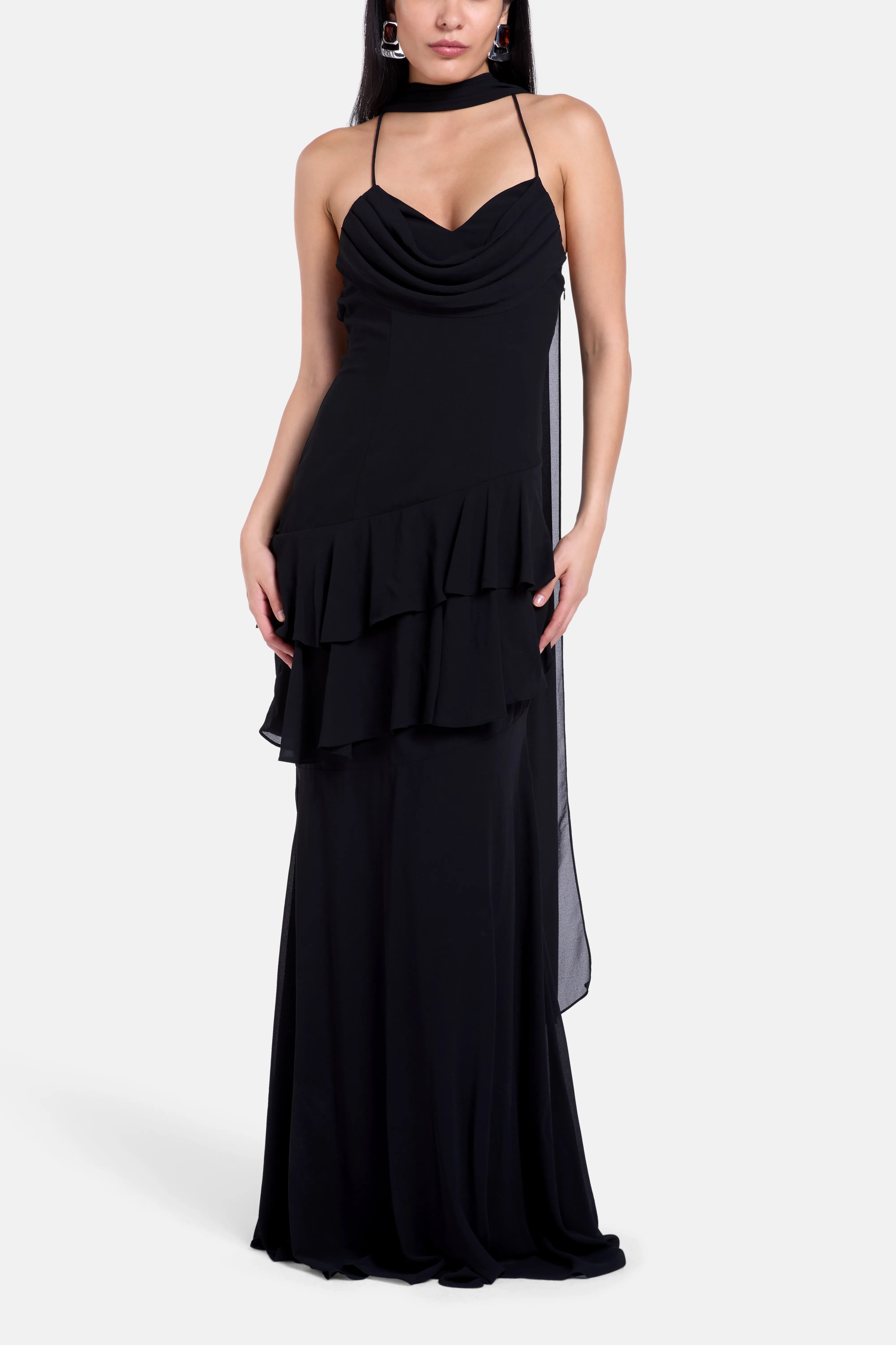 Juliet Slip Maxi Dress In Black With Scarf