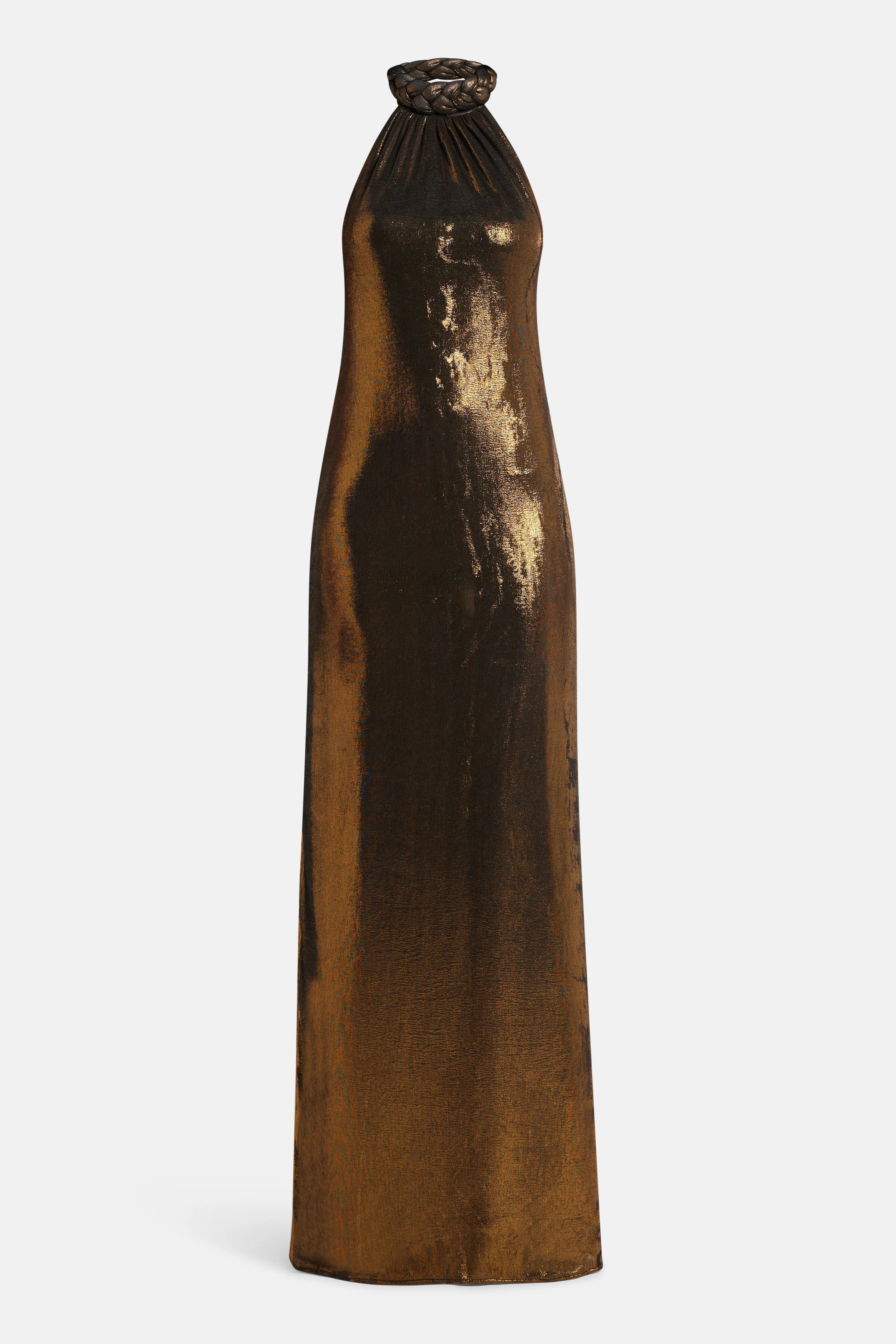 فستان كاميل طويل برقبة هالتر باللون البني