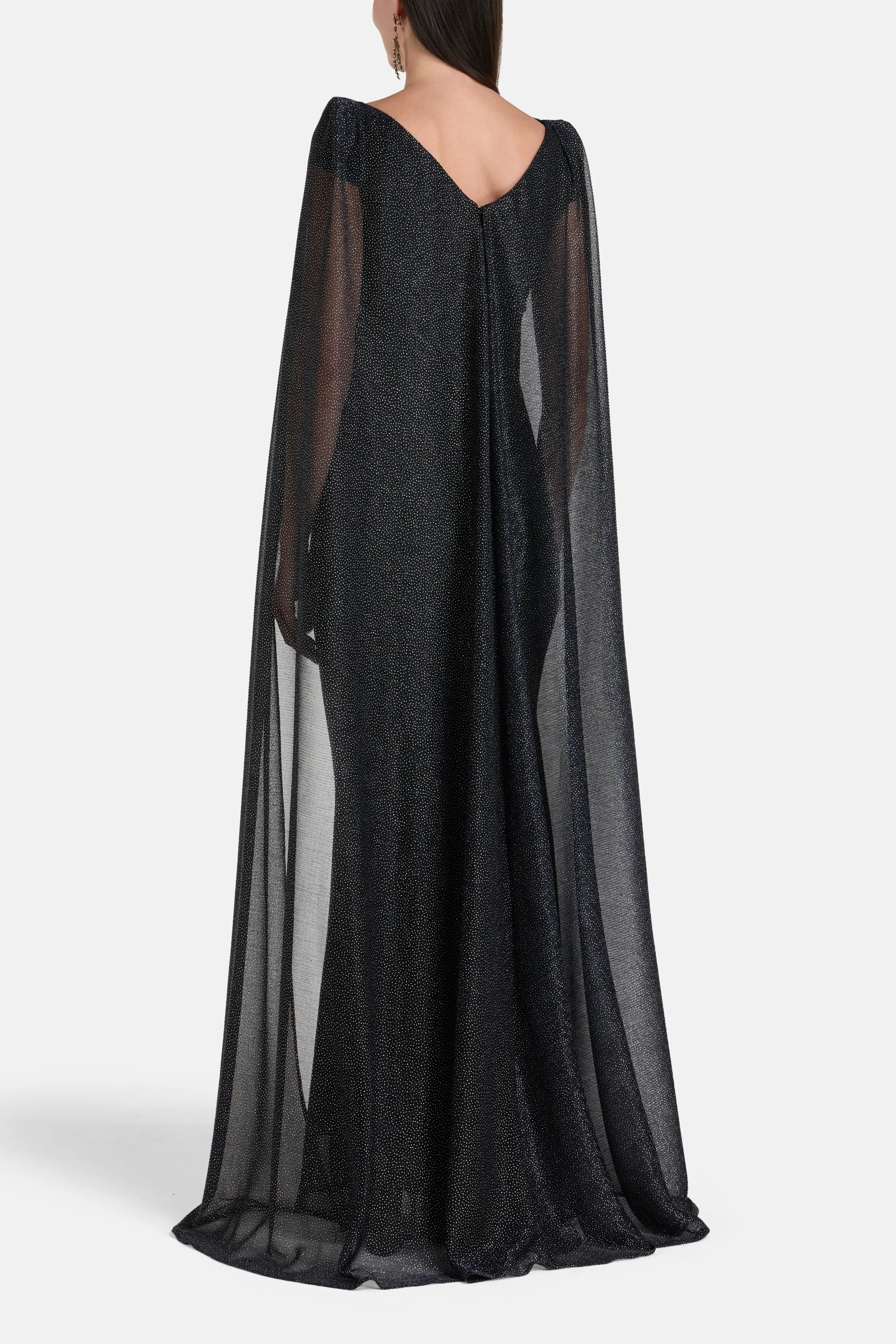Lucy In The Sky Shimmer Voile Cape Evening Gown in Blue