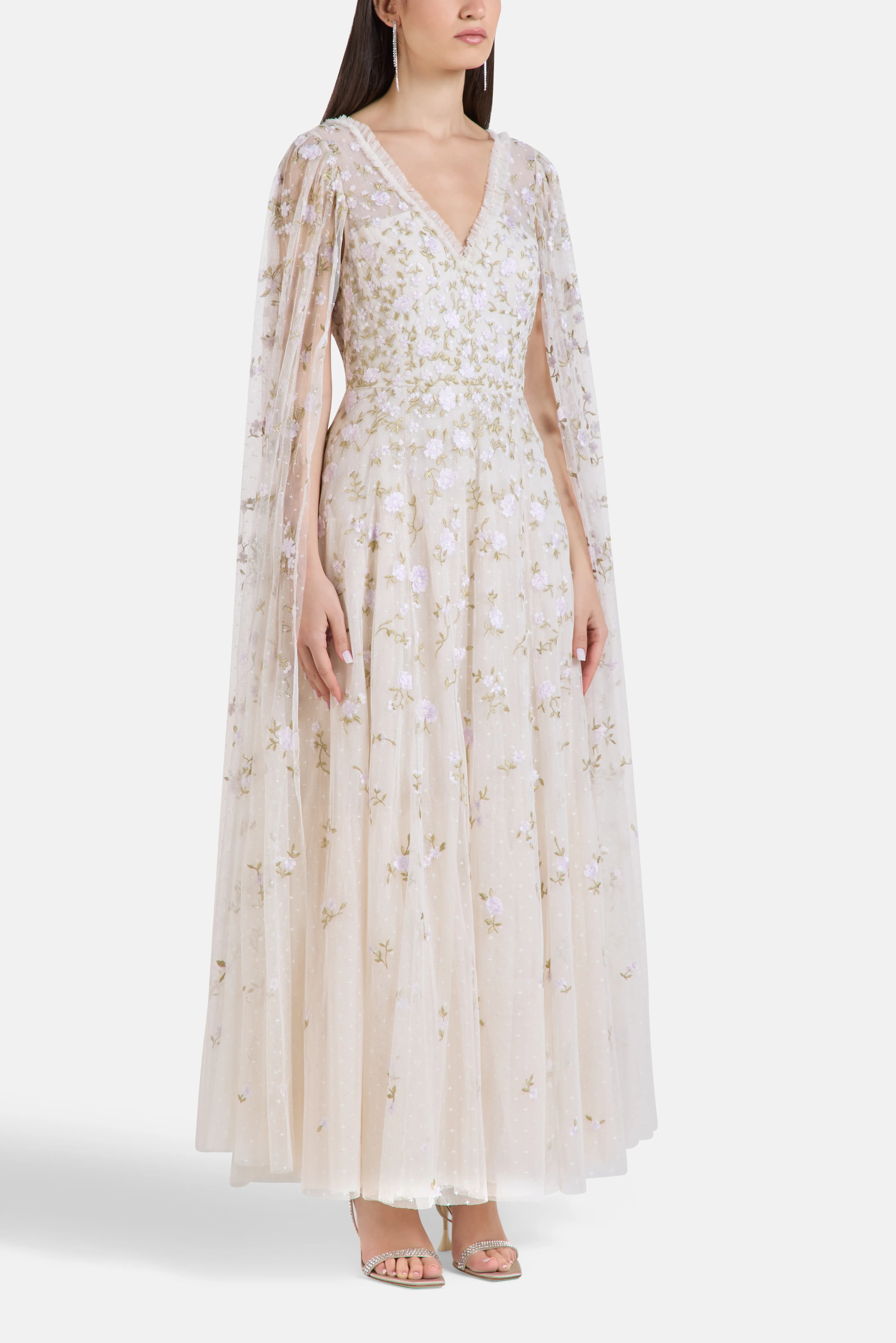 Lea Ditsy Floral Cape Sleeves Evening Dress in Cream