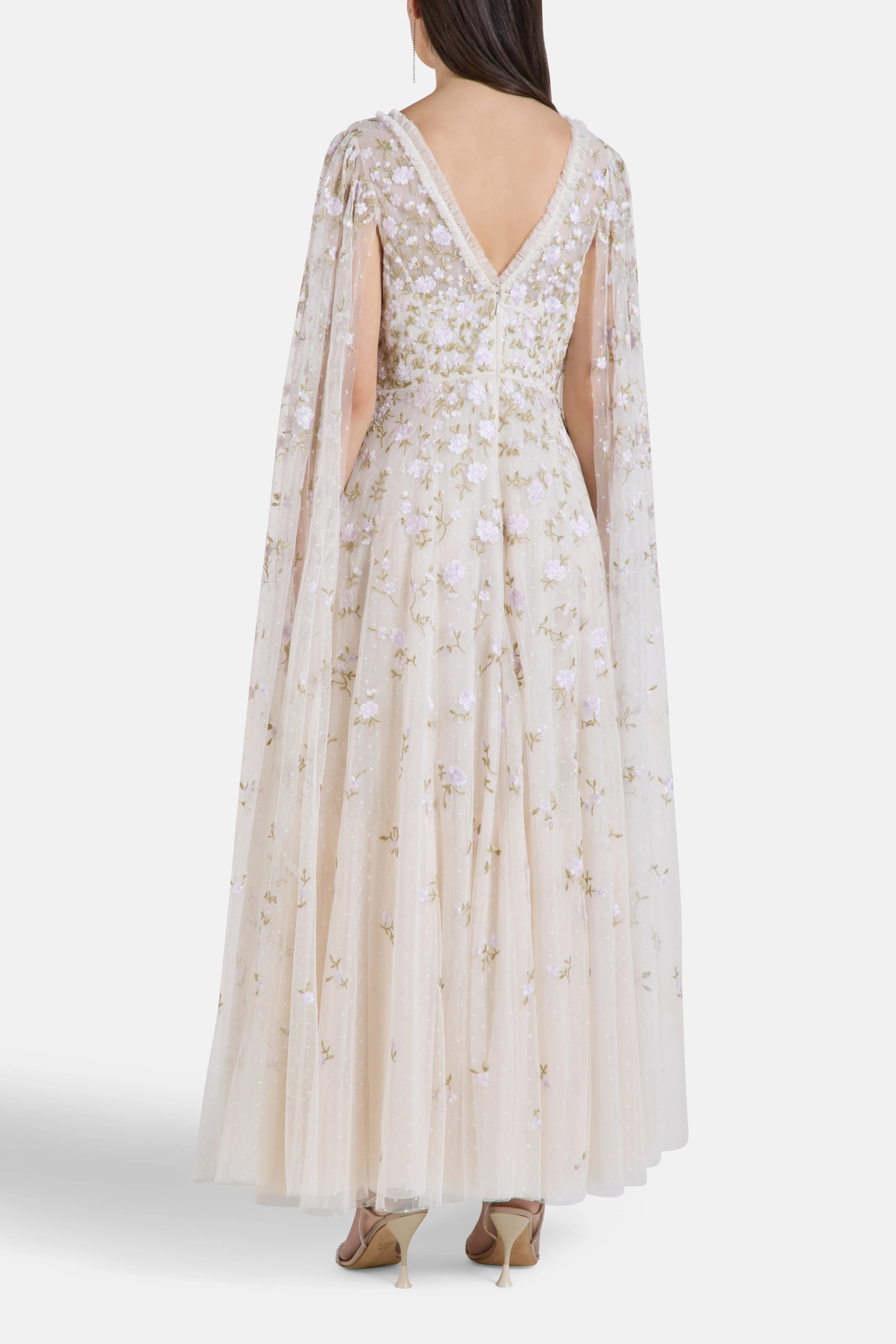 Lea Ditsy Floral Cape Sleeves Evening Dress in Cream