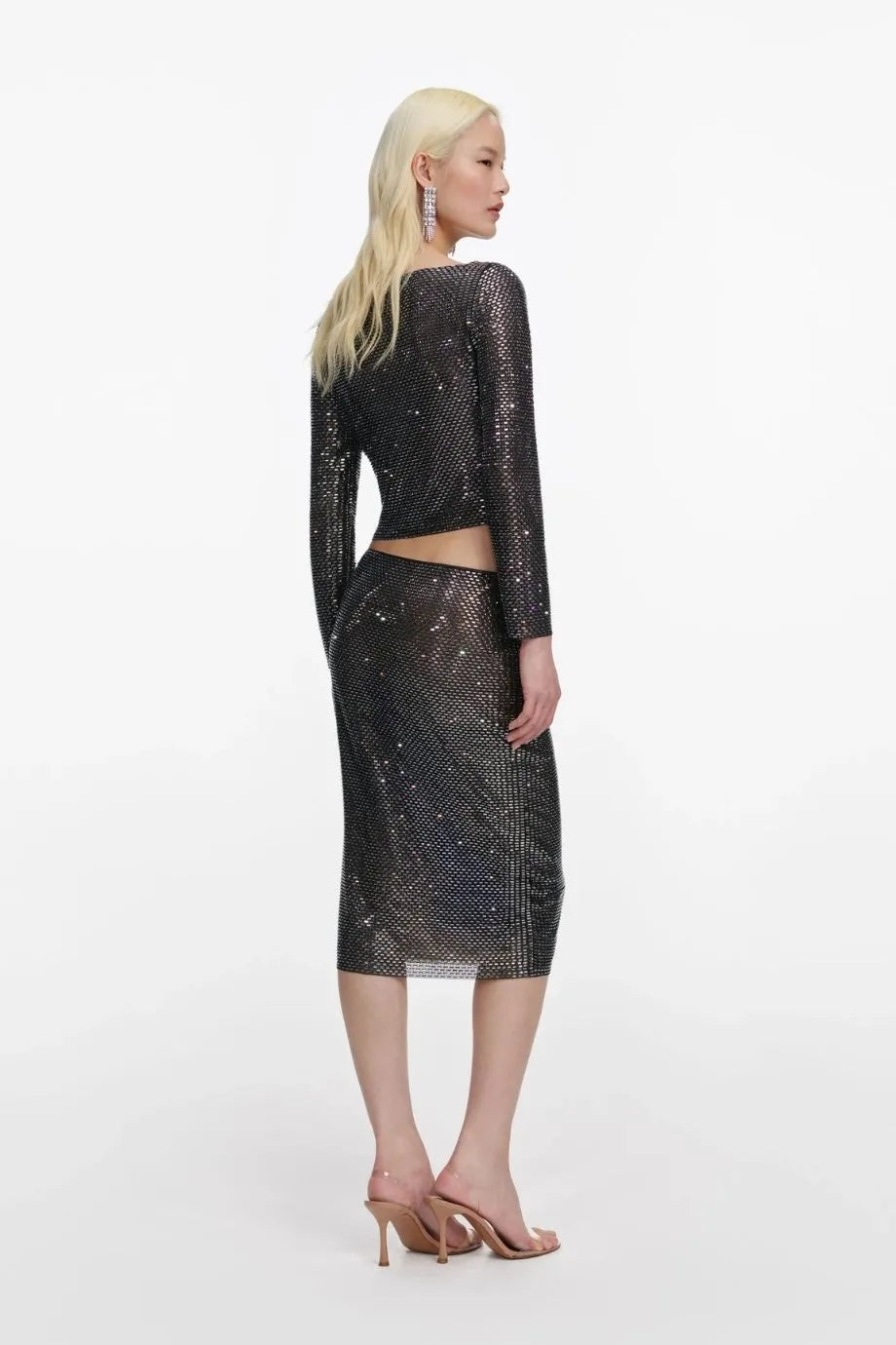 Gunmetal Rhinestone Long Sleeves Top in Black
