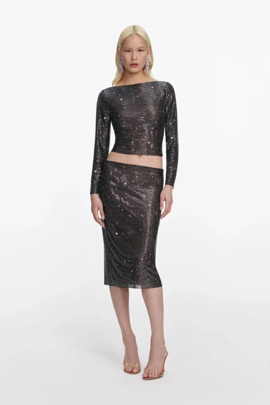 Gunmetal Rhinestone Midi Skirt in Black