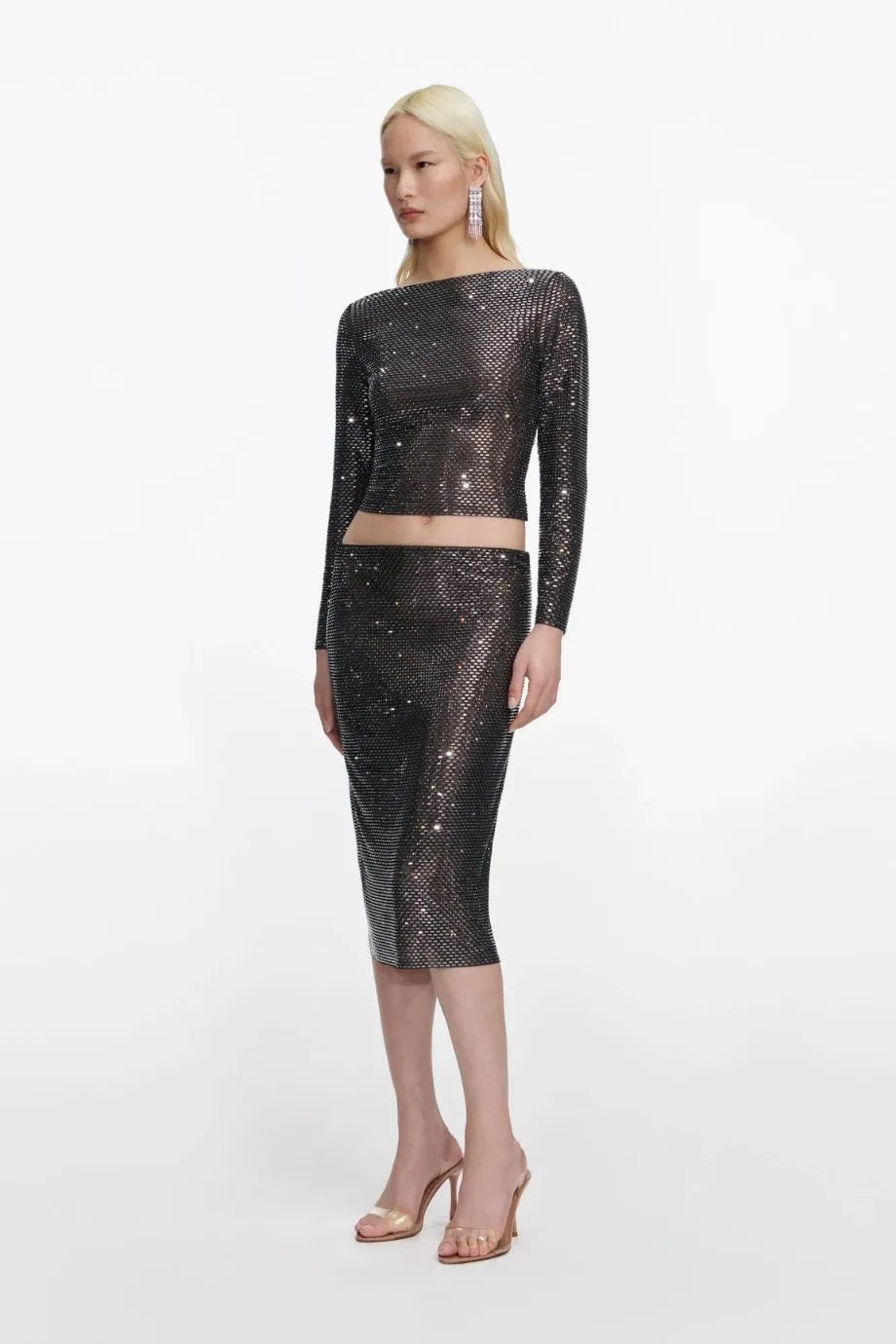 Gunmetal Rhinestone Midi Skirt in Black