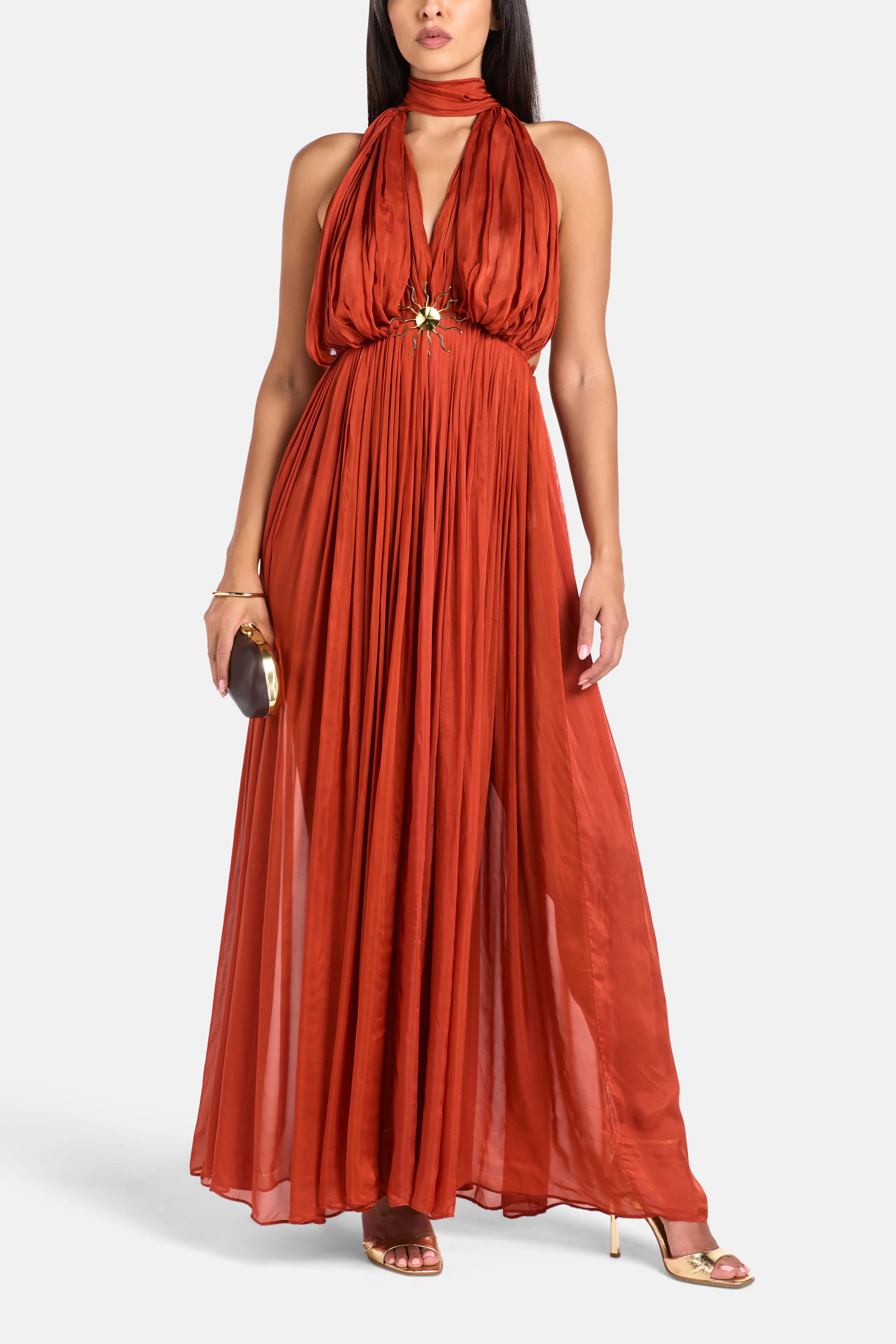Melania Sleeveless Halter Neck Maxi Dress in Red