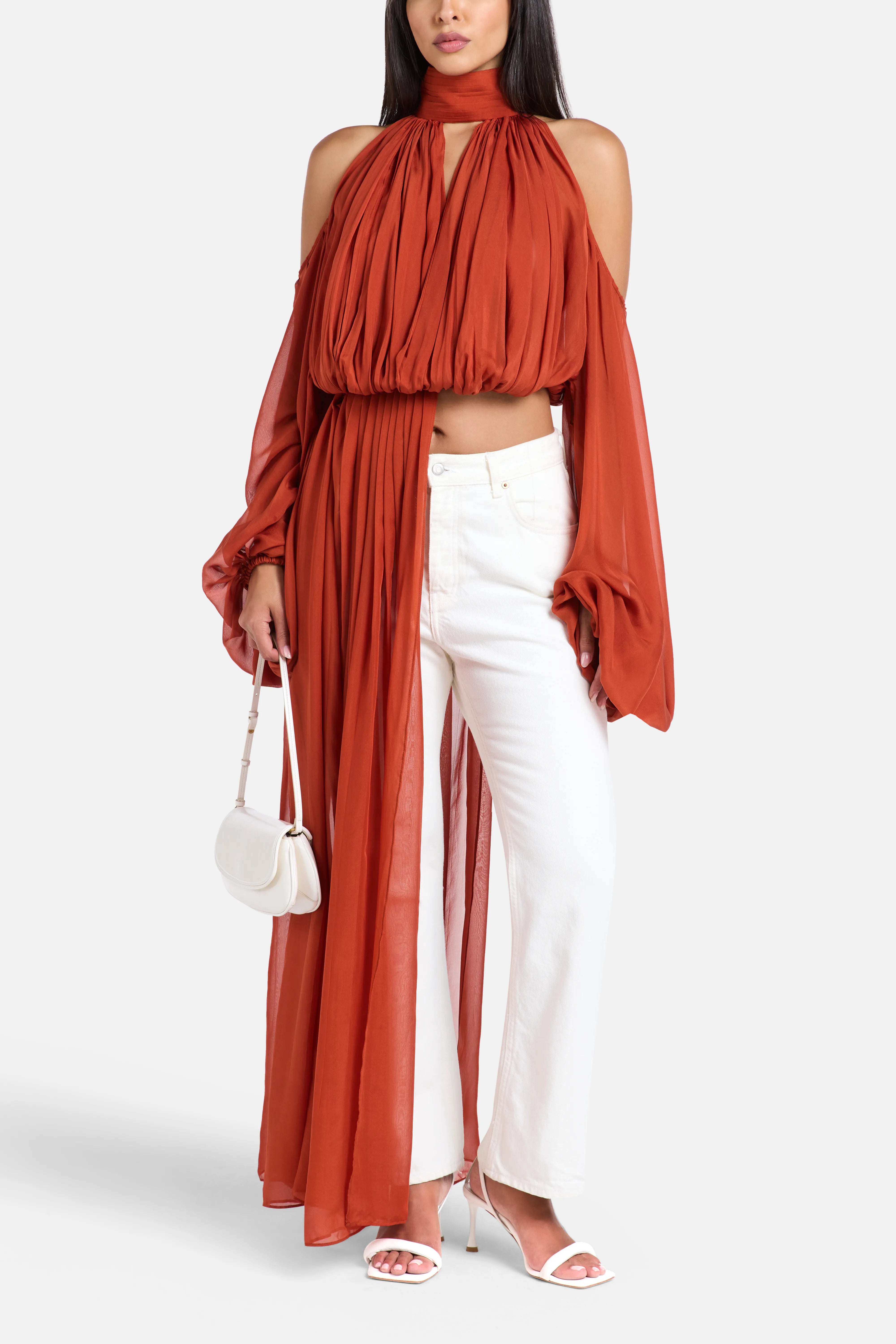 Sage Shoulder Cut Out Chiffon Top in Red